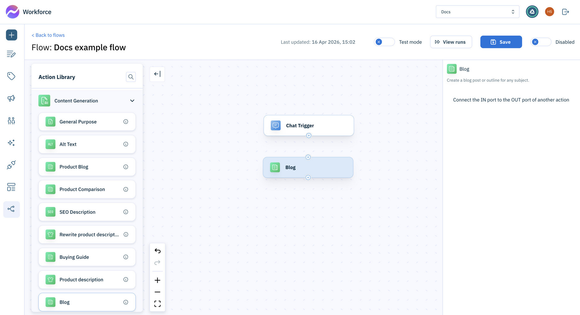 Add the blog action to the flow