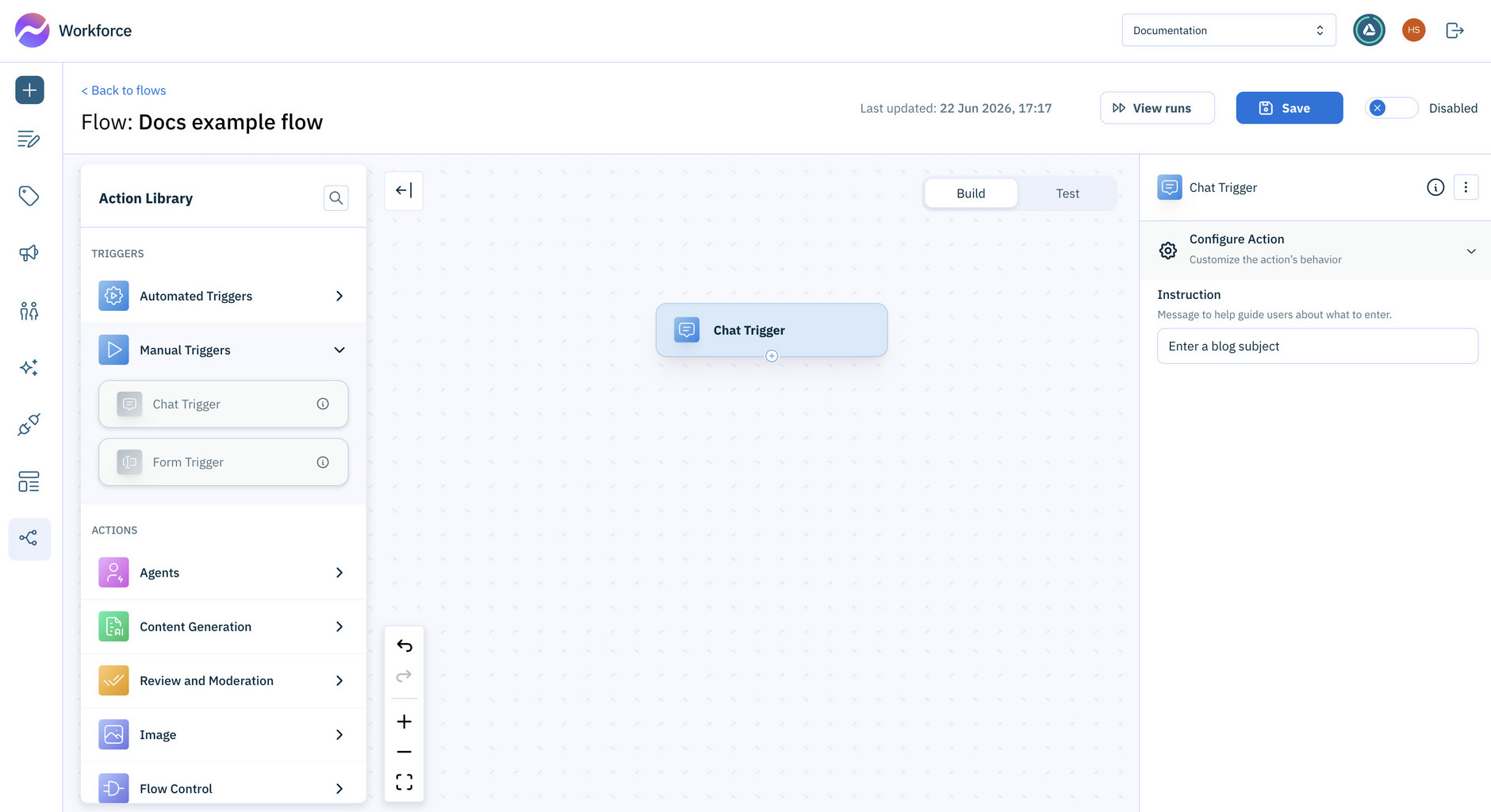 Add a Chat trigger action to the flow