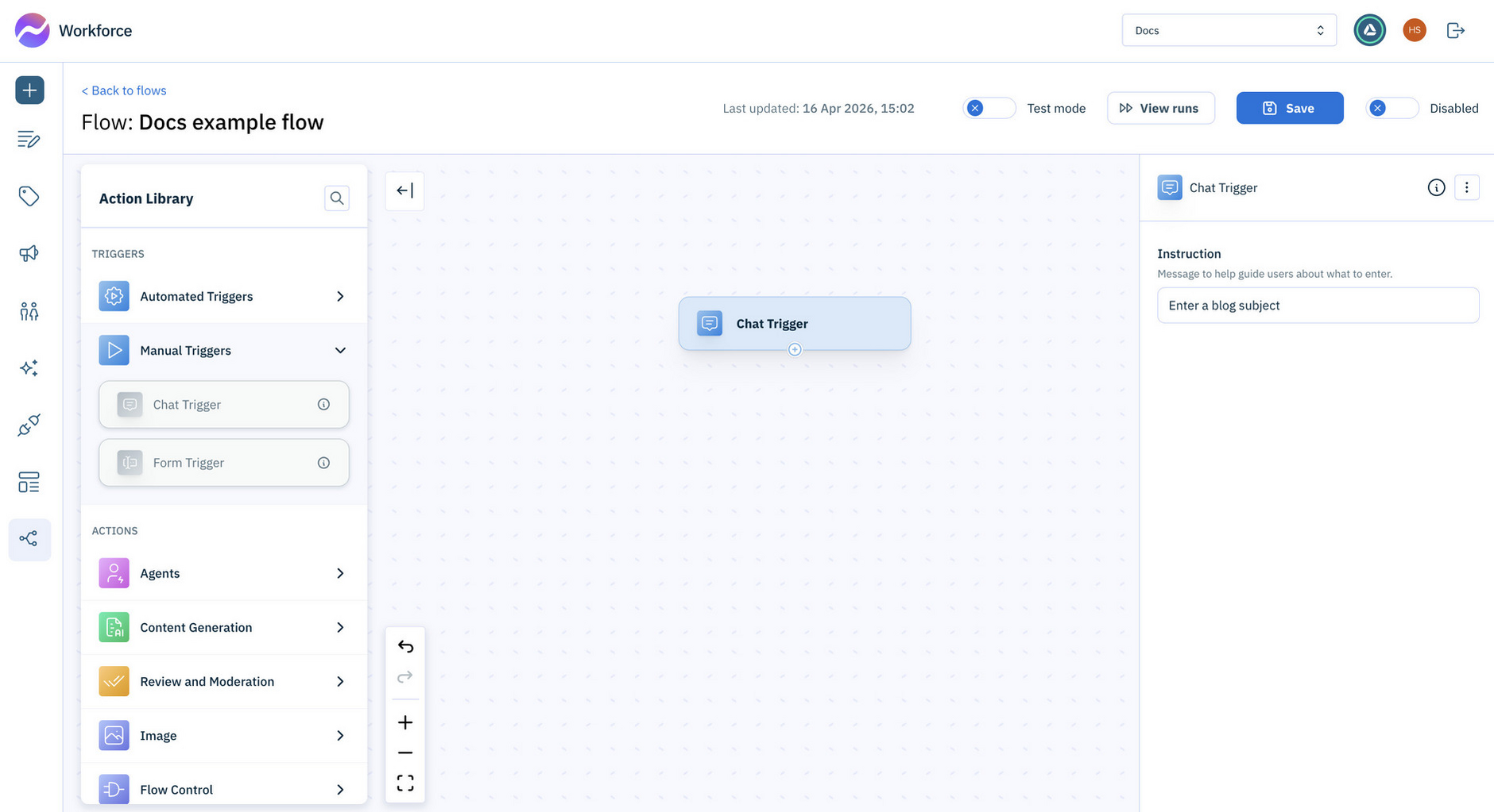 Add a Chat trigger action to the flow