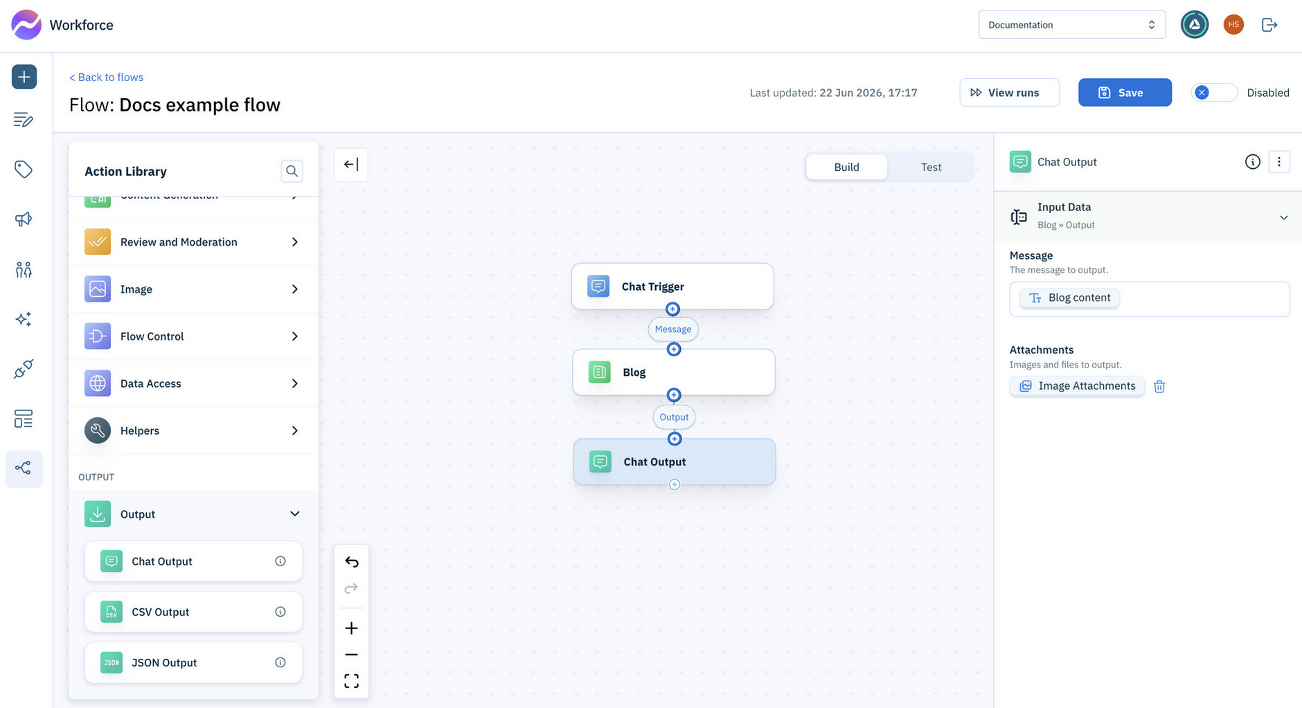 Adding an output action to output the generated blog content
