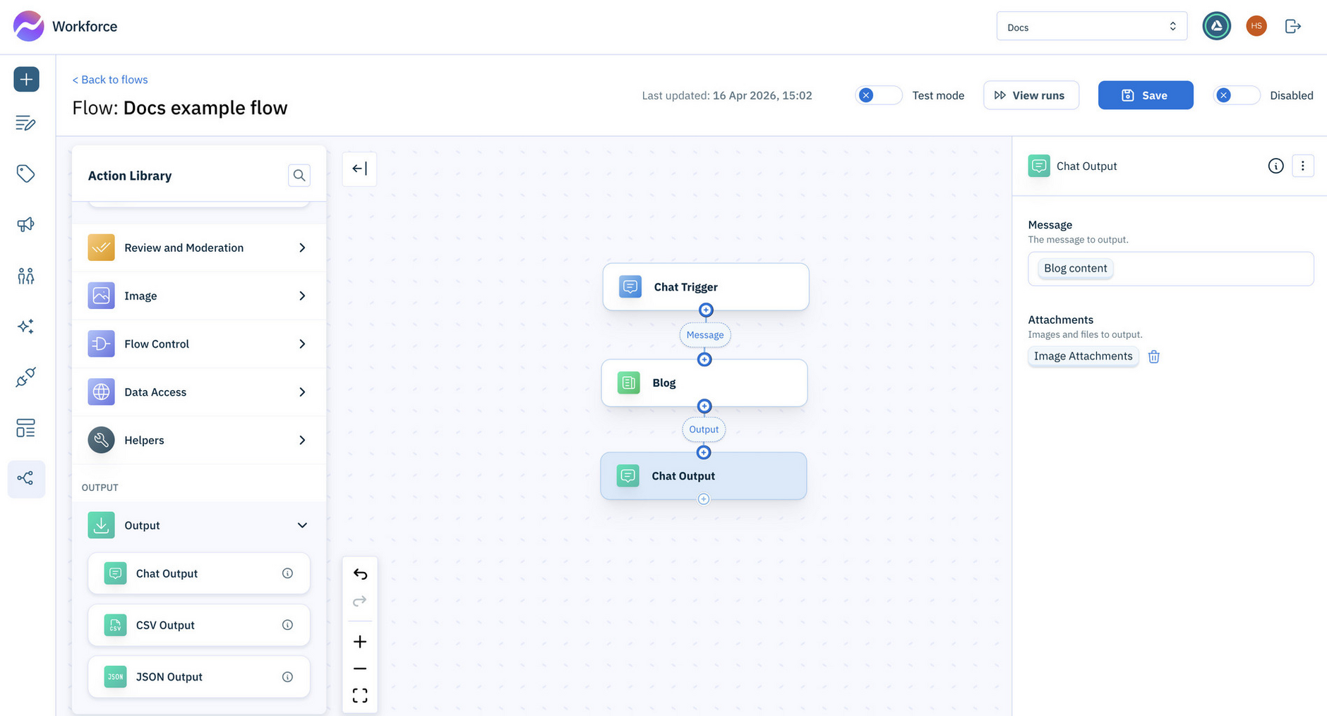 Adding an output action to output the generated blog content