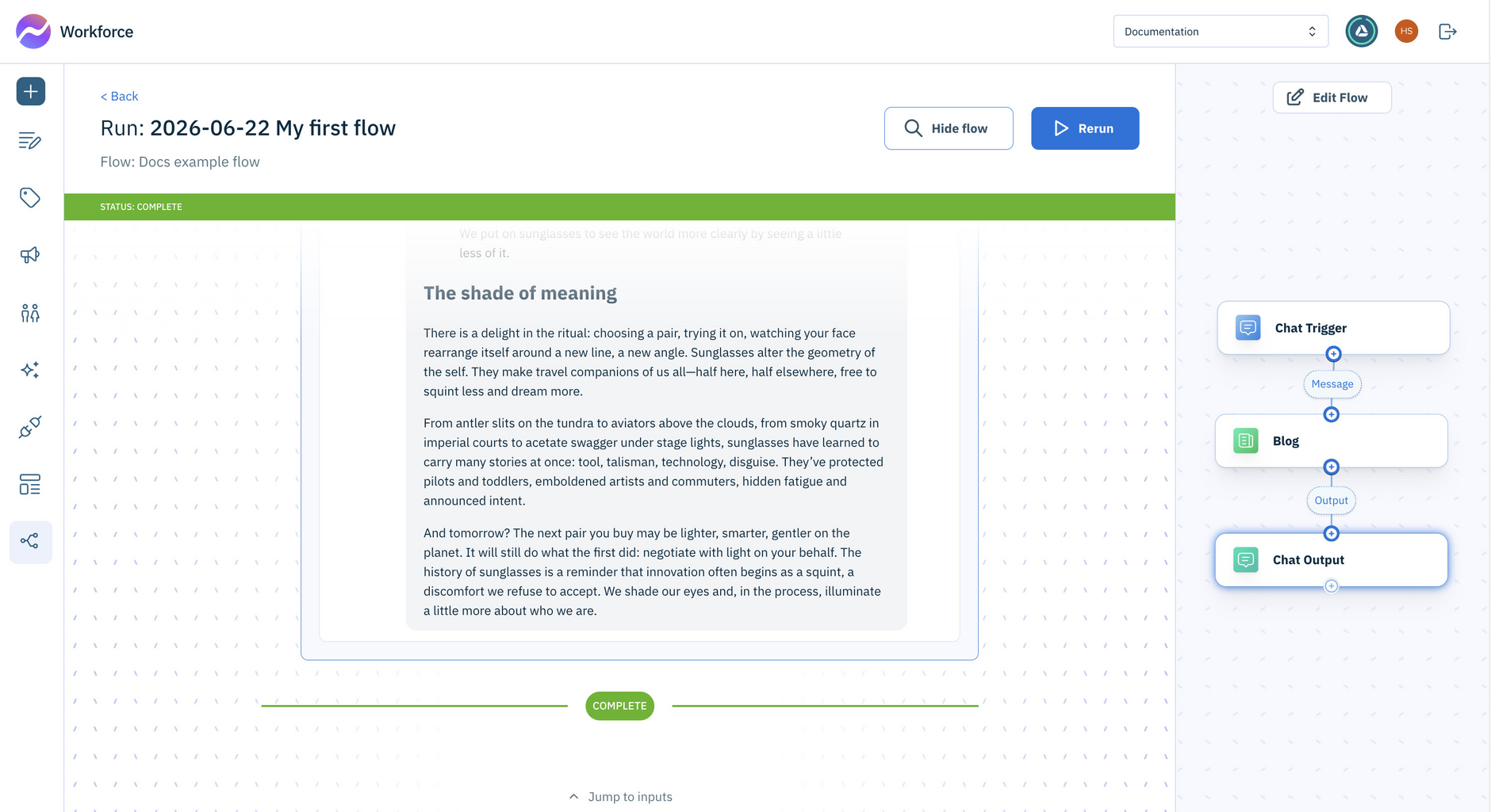 The flow run is complete and the generated content is displayed