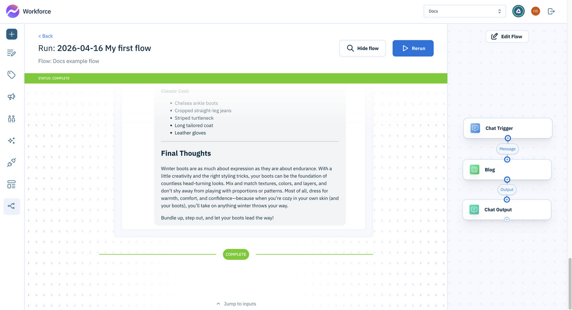 The flow run is complete and the generated content is displayed