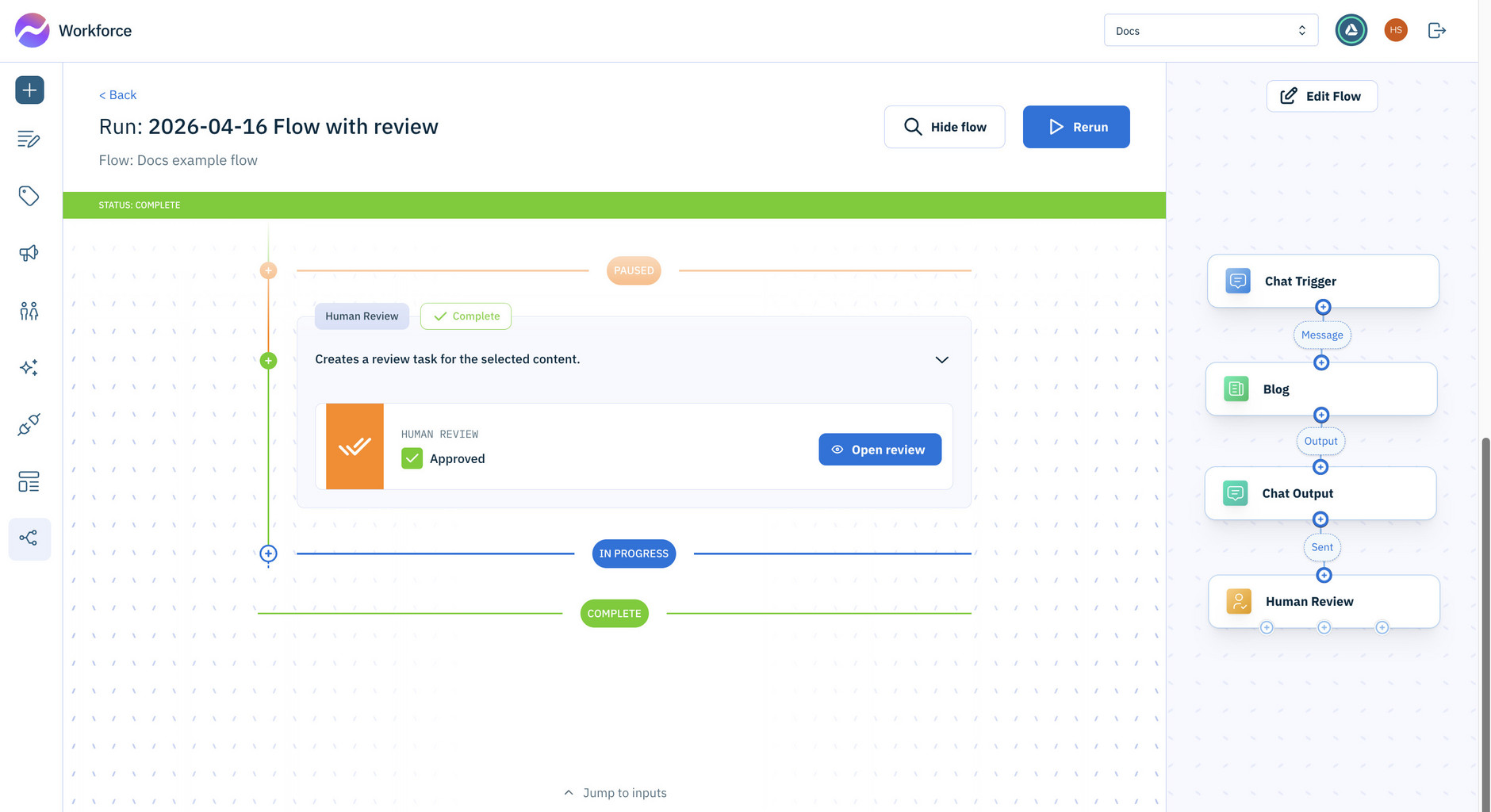 The flow run is now complete and the content is shown as accepted or rejected