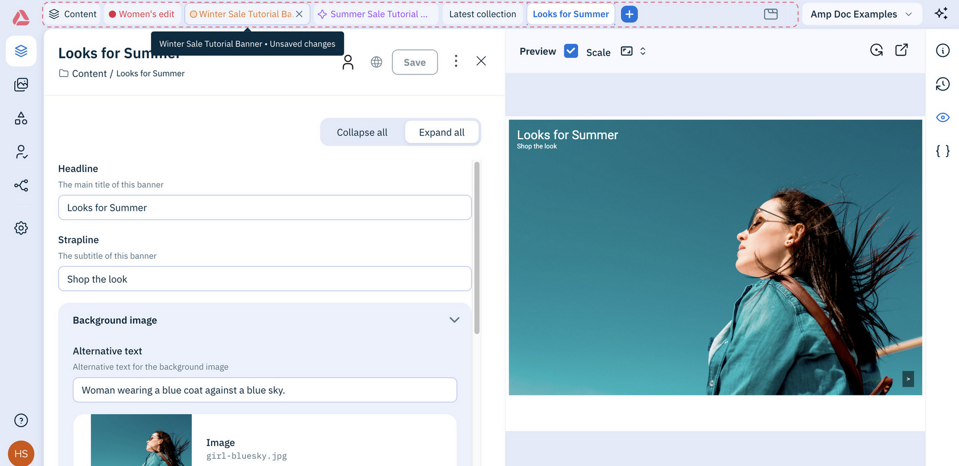 Amplience Content Operations Platform workbench with content items open