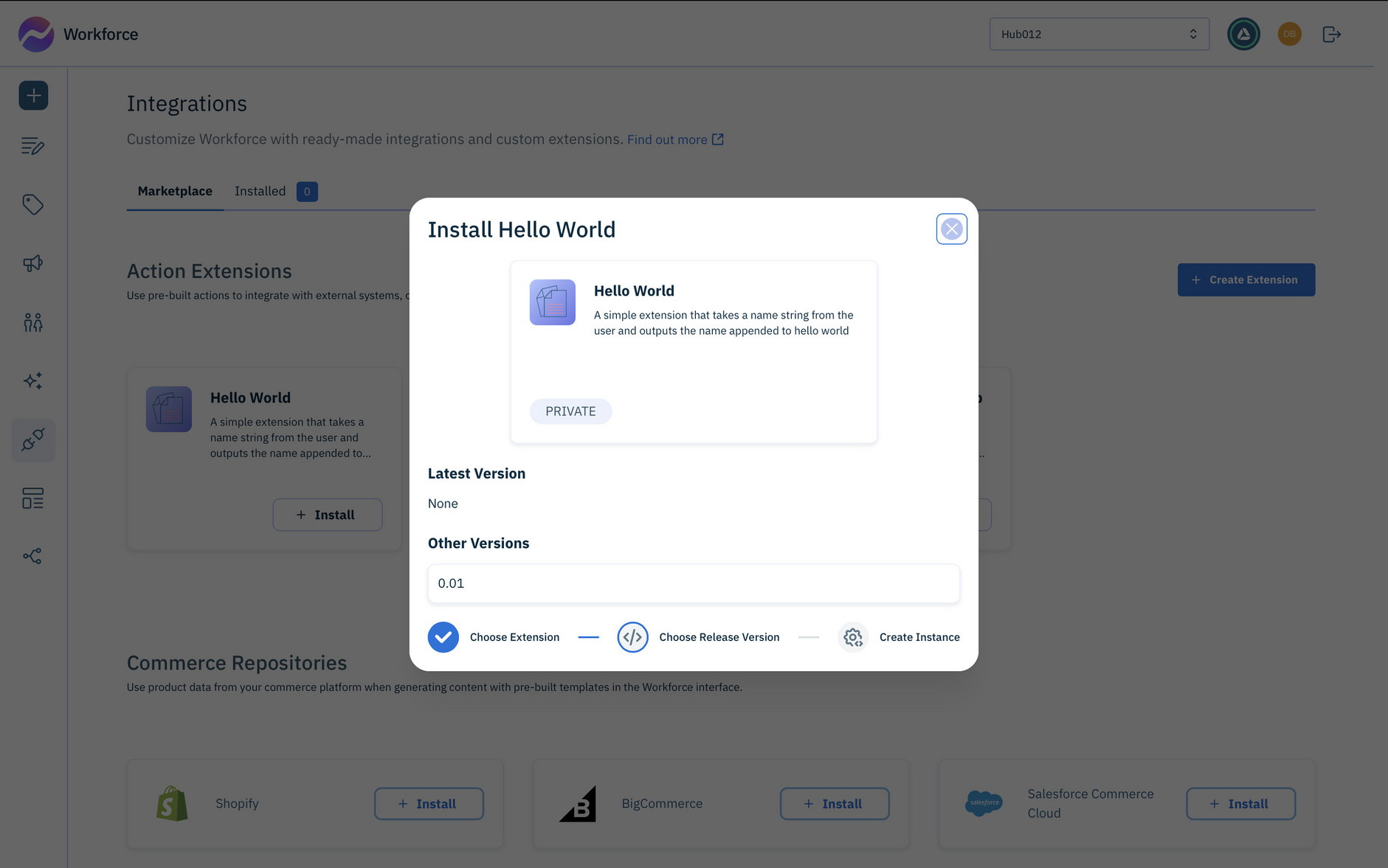 Choosing the version of the extension to install