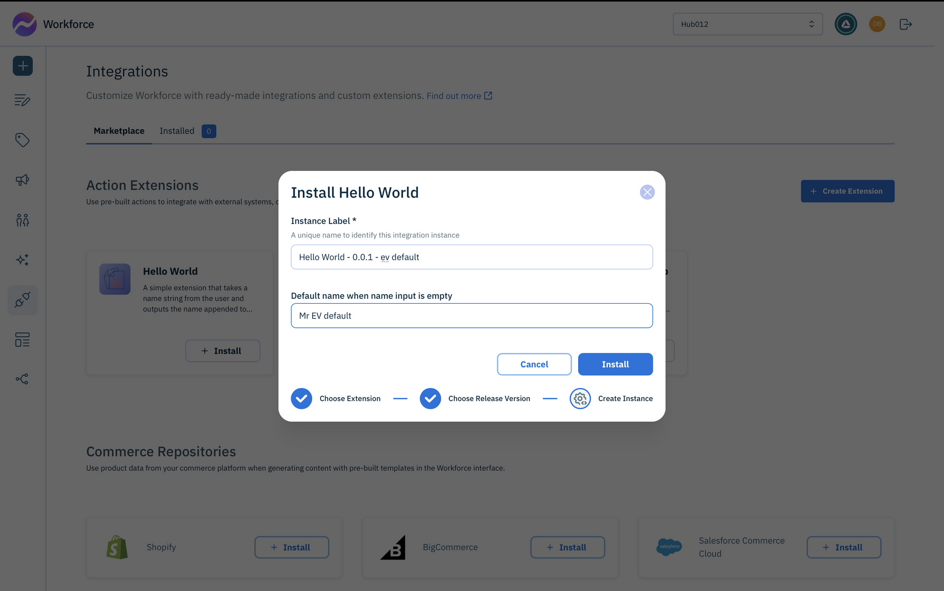 Configuring the extension instance