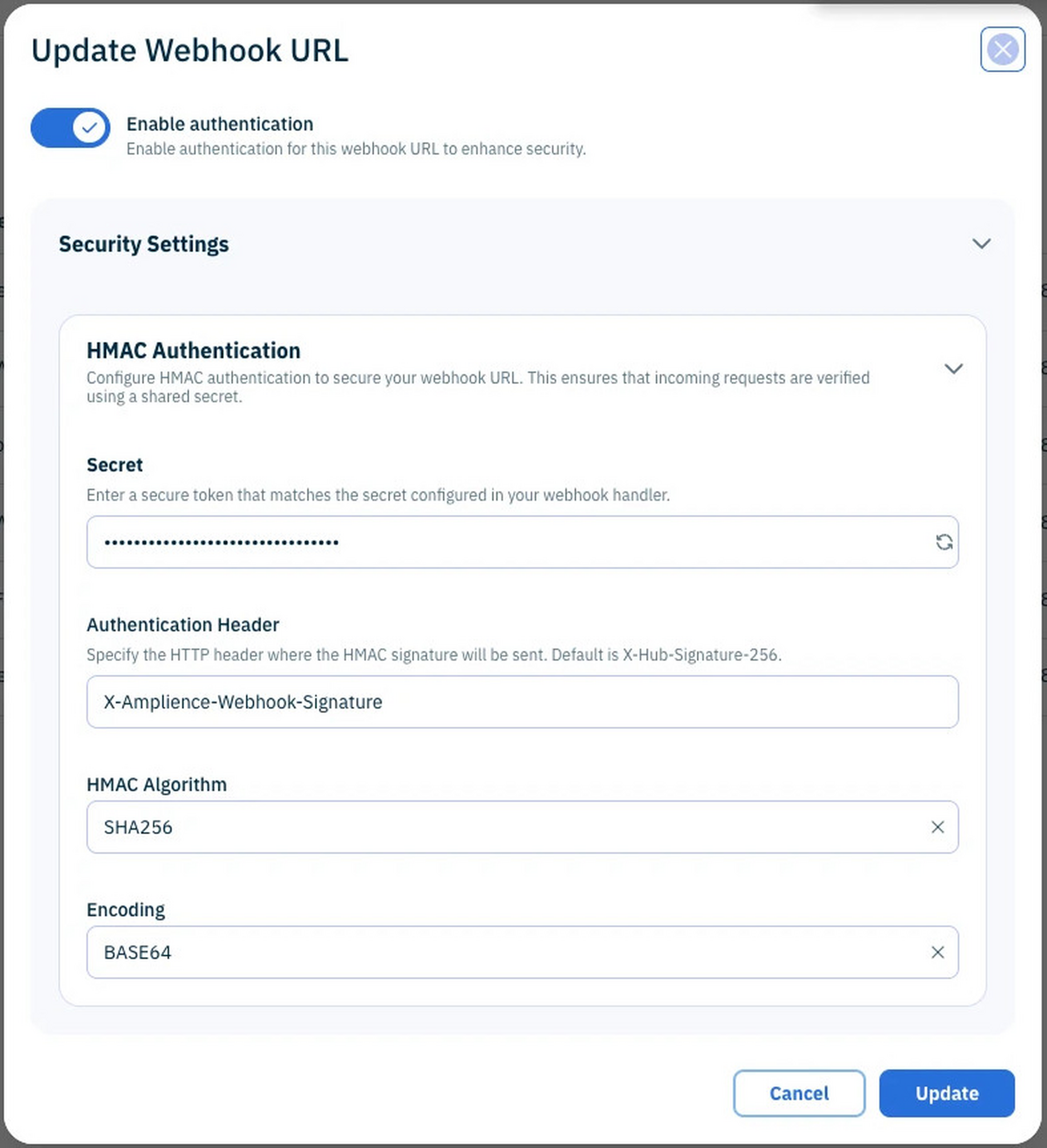 The webhook trigger dialog when authentication is used