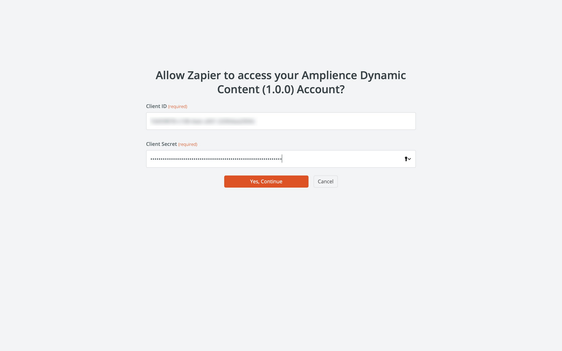 You need to enter your Dynamic Content client ID and secret to connect Zapier