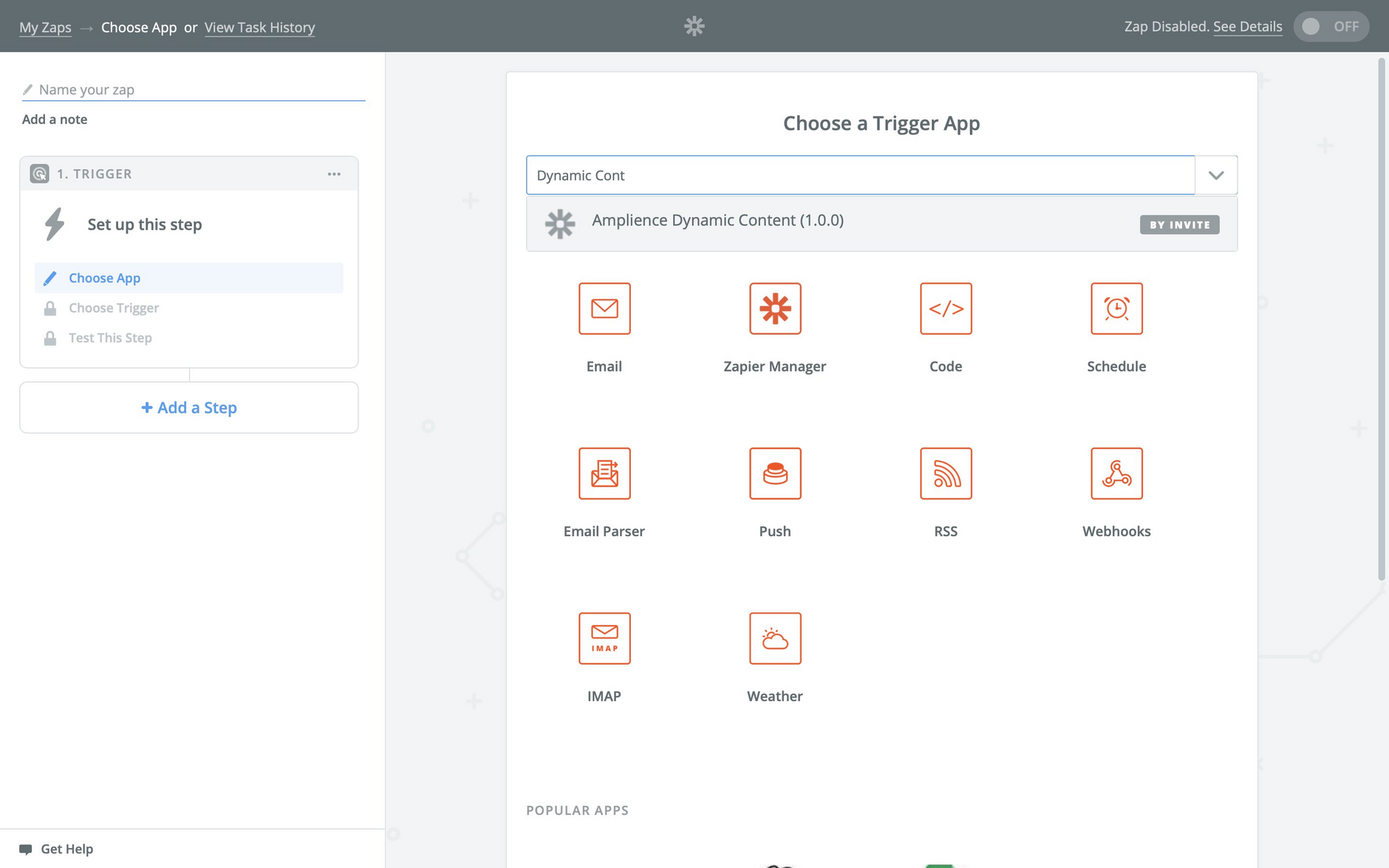 Choosing a trigger app in Zapier