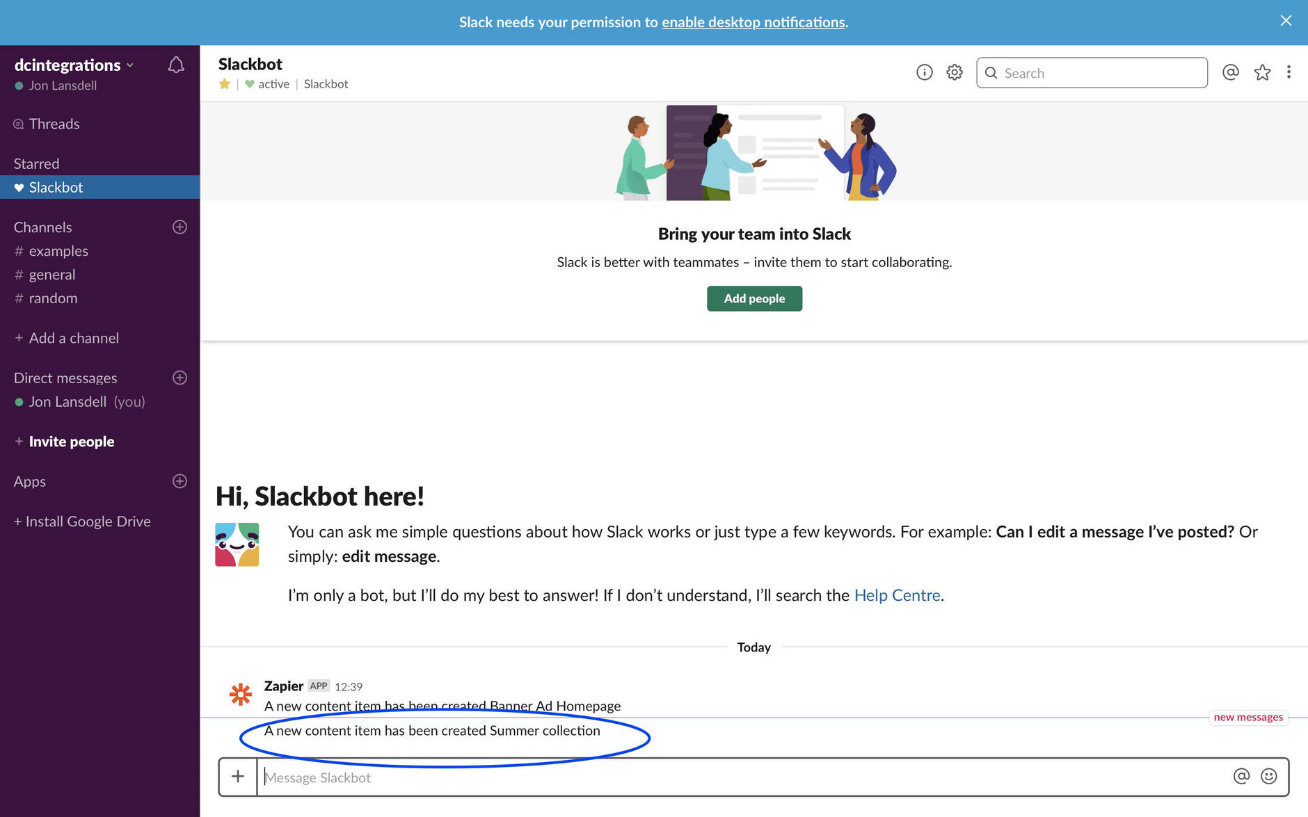 The Zap sends a message to Slack containing the content item name
