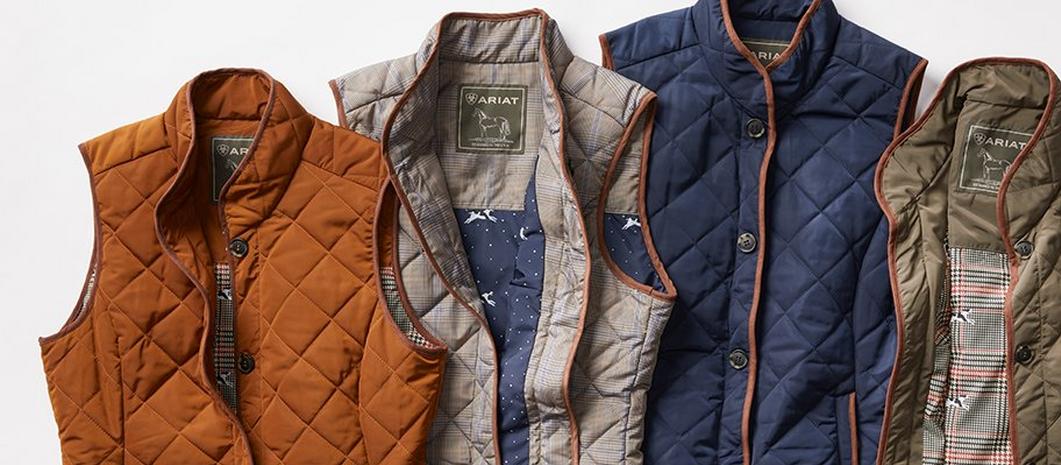fall ariat vests stacked on eachother