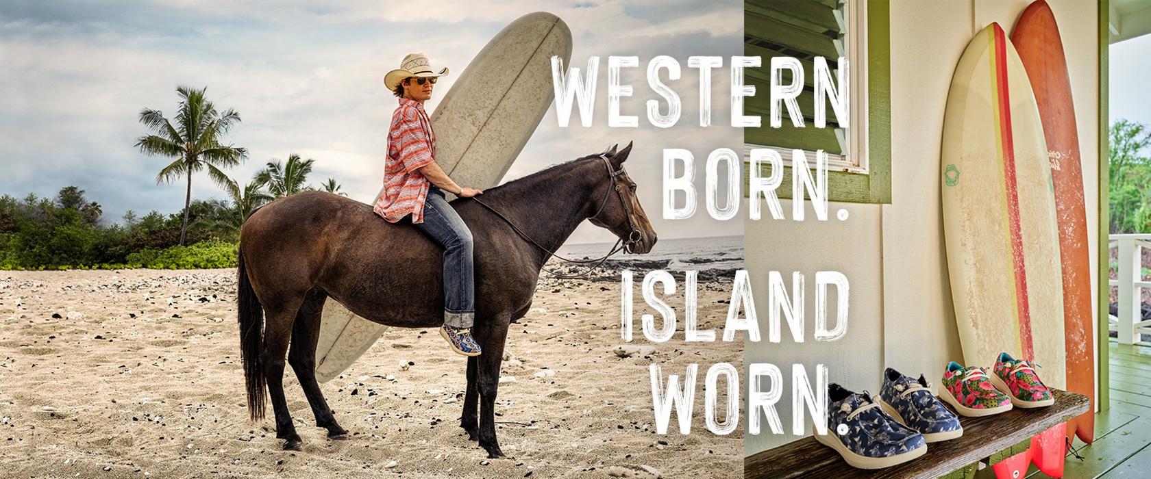 Woman on Horse with Surfboard in Ariat Hawaiian Clothing