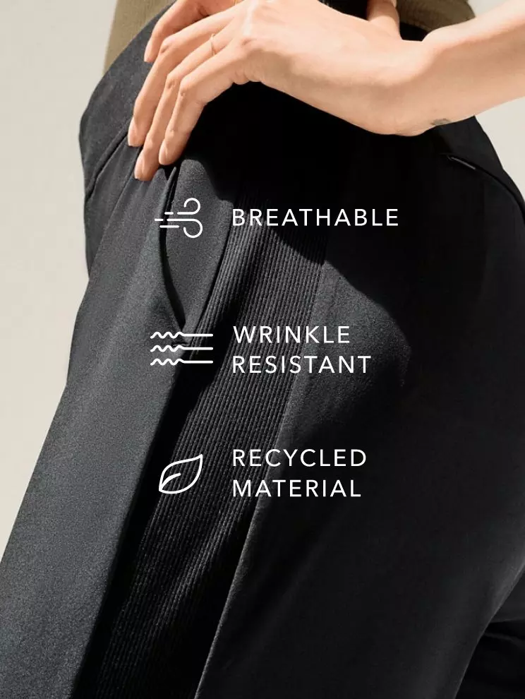 FEATHERWEIGHT STRETCH: breathable, wrinkle-resistant, recycled material.