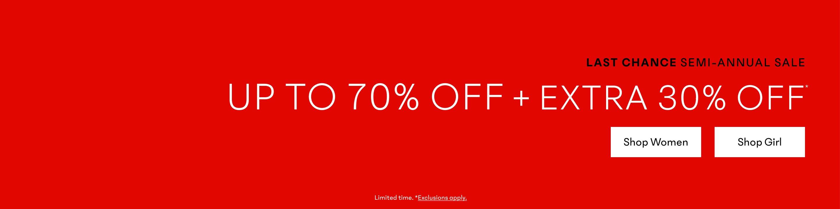 a red banner with the words up to 70 % off plus extra 30 % off