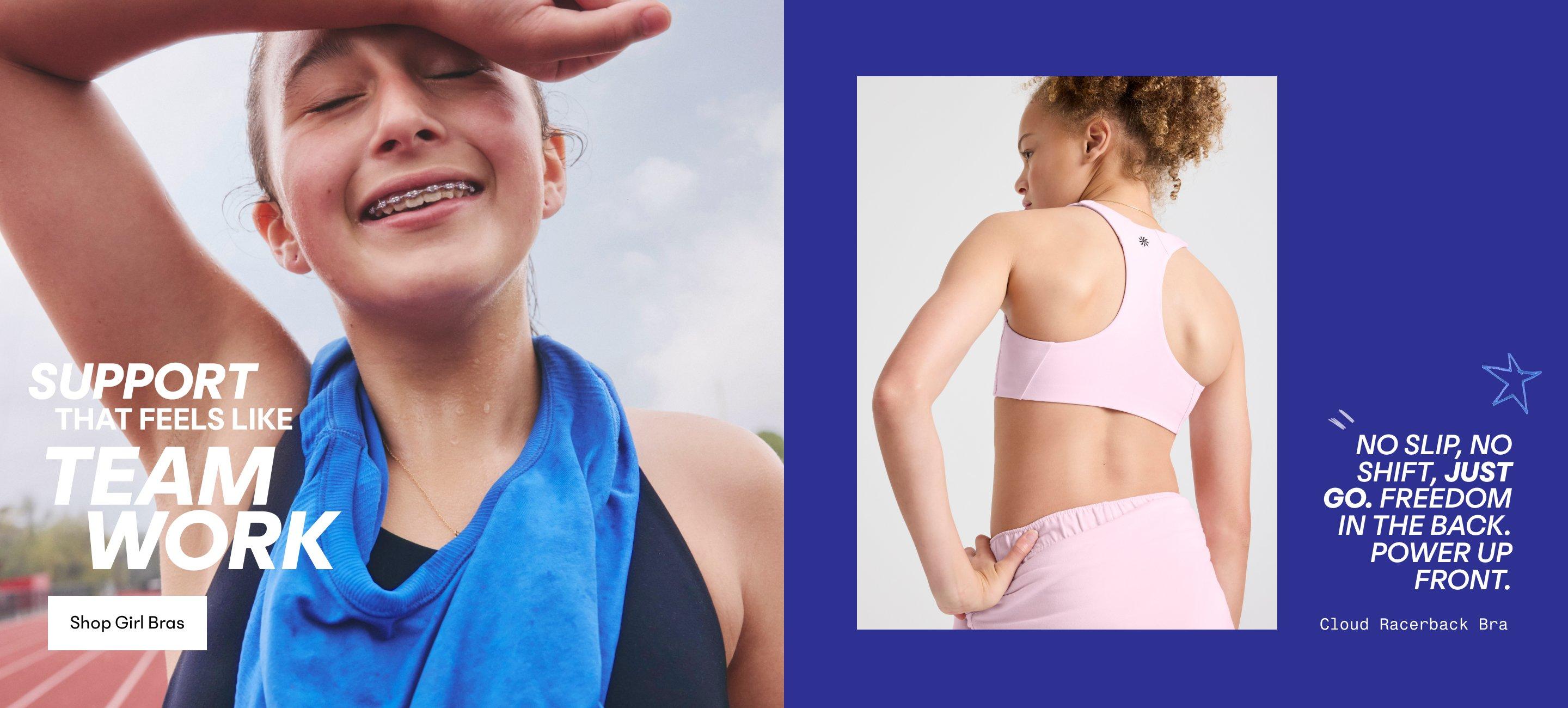 support that feels like team work. no slip, just go. freedom in the back. power up front. cloud racerback bra. shop girl bras.