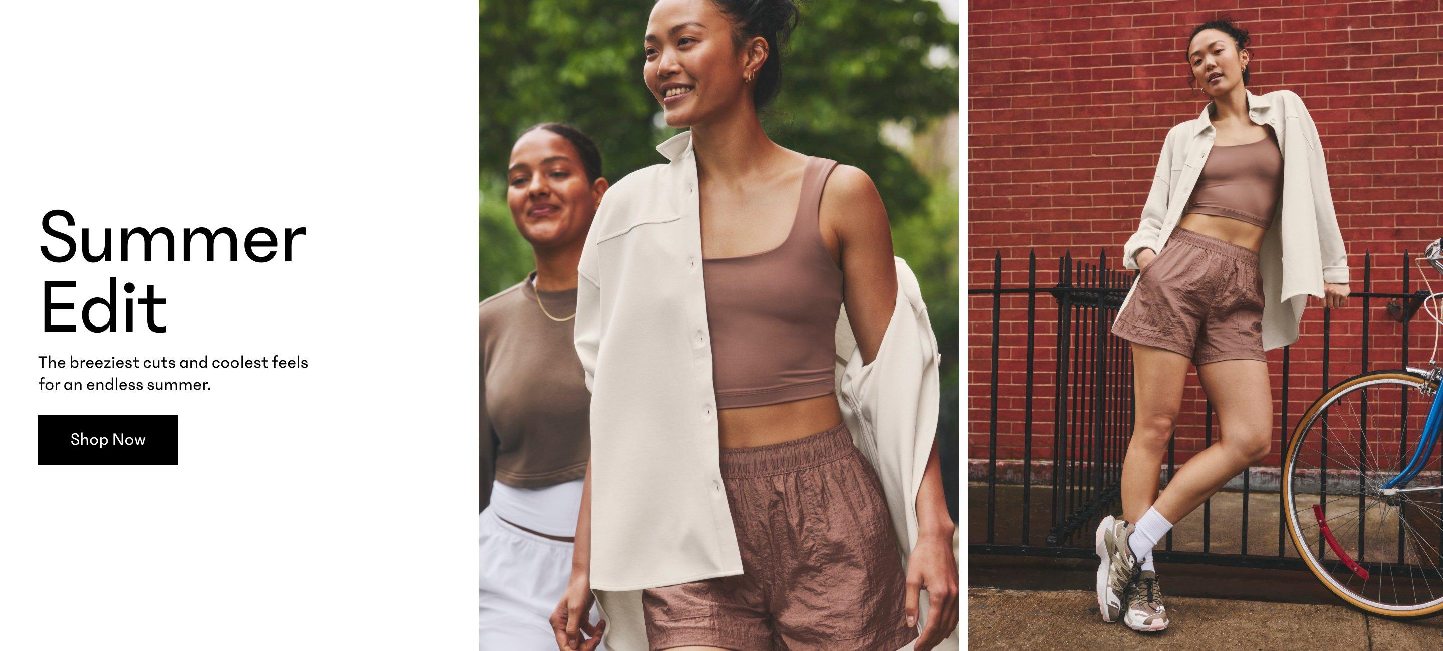Summer Edit. Breezy cuts and ultra-cool feels. Shop Now. two women standing next to each other in a summer outfit walking down a street. second image is a woman posing in front of a gate with a bike next to her and a brick background.