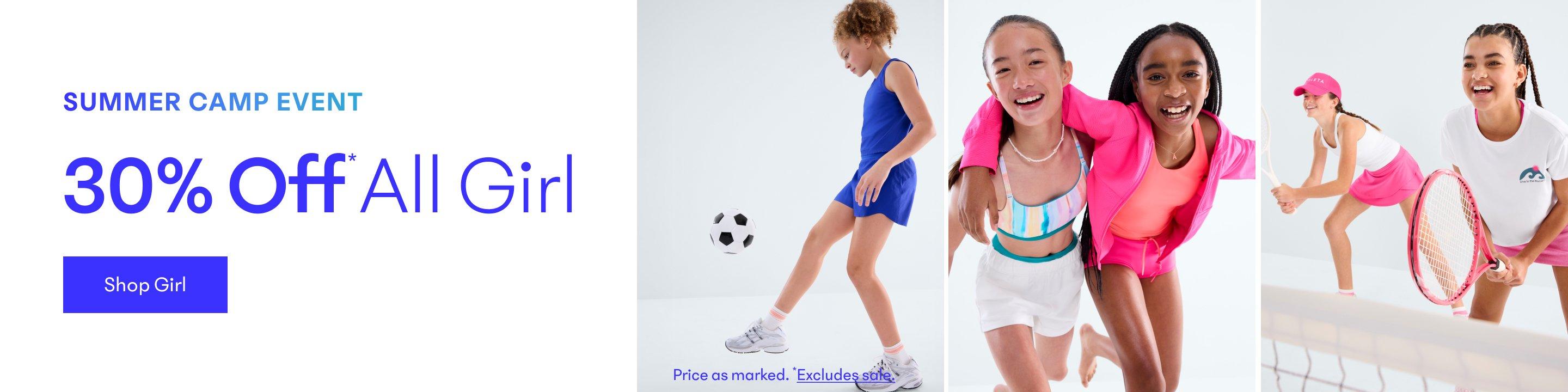 a group of three girls posing for a picture with a tennis racket. 30 % off all girl. Summer Camp Event. 30% off all Girl. 