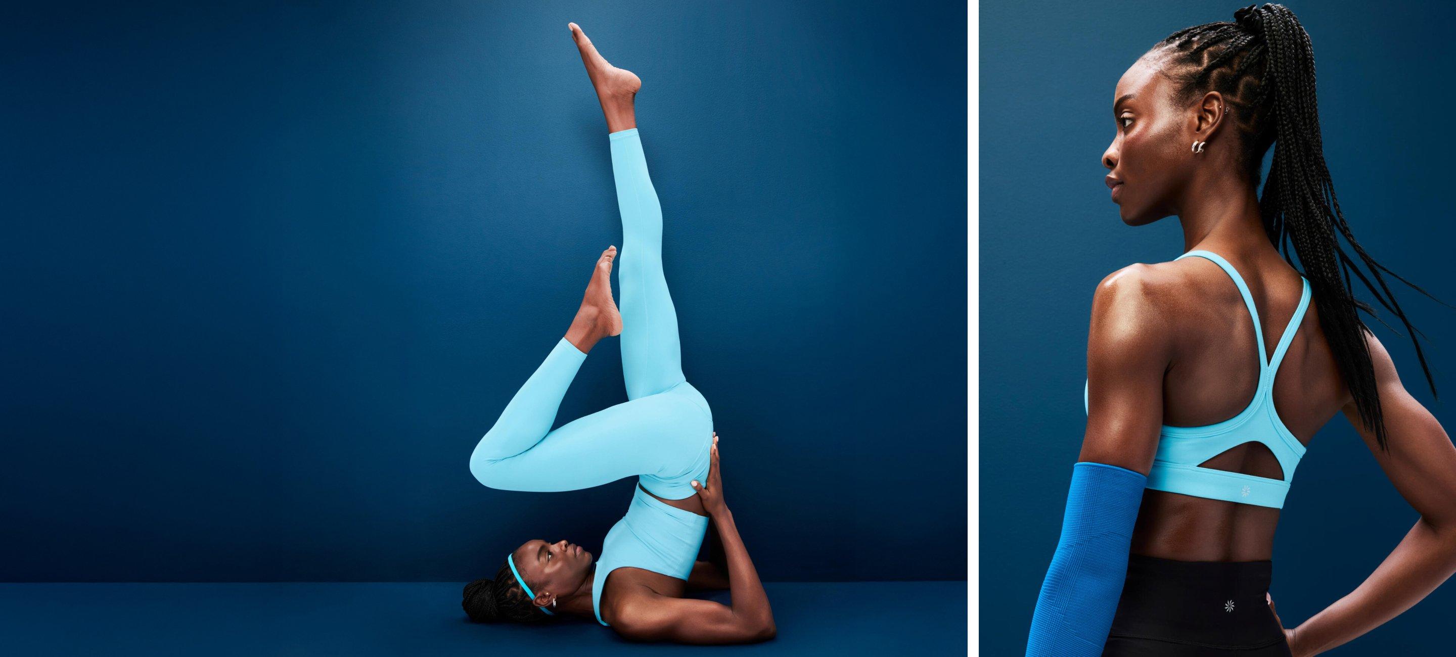 two images of a woman in aqua workout set