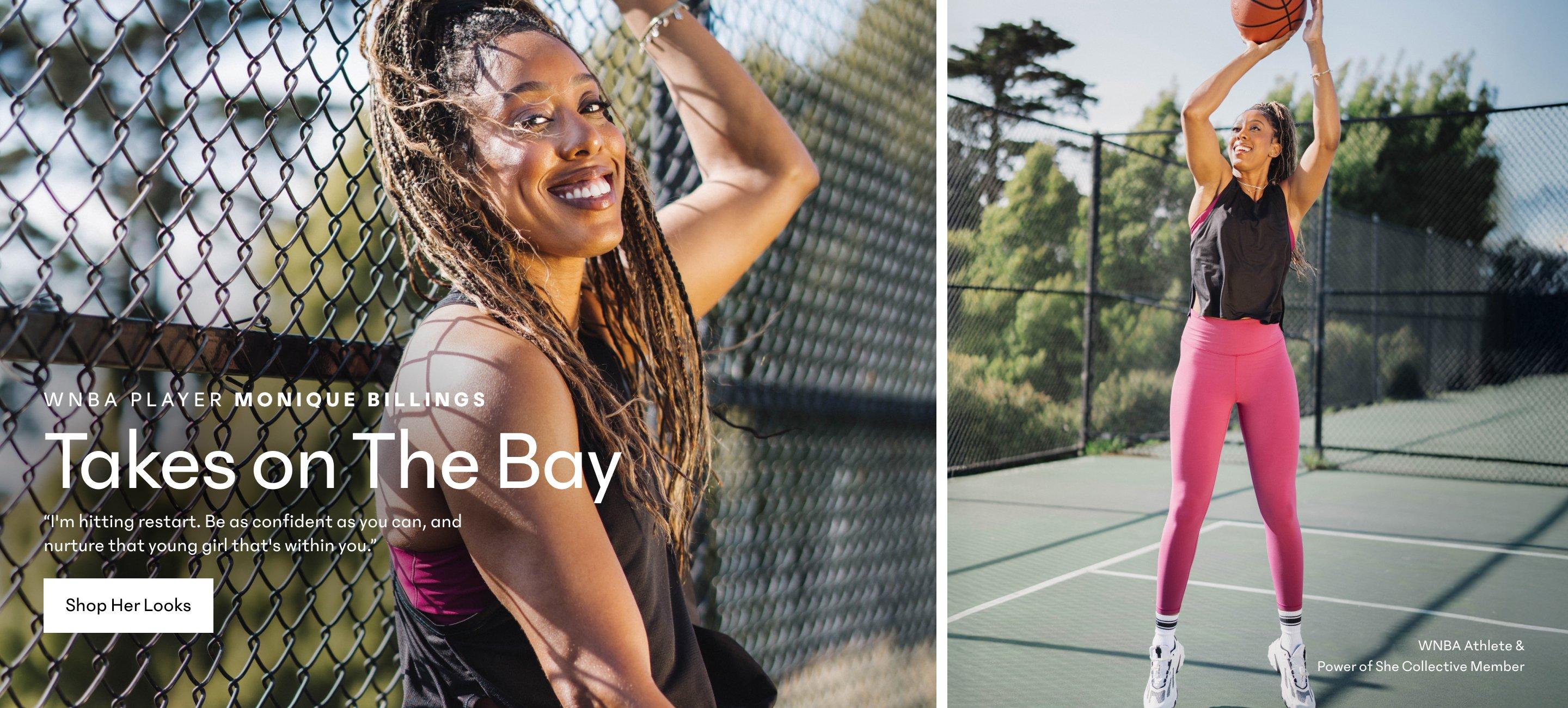 WNBA Player Monique Billings two images: first is her in black tank top, wildberry bra, and wildberry leggings holding a basketball against a fence at a basketball court. Second is her shooting a basketball jumping mid air.