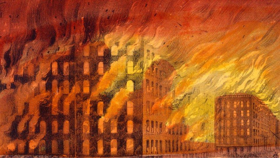 Buildings on fire