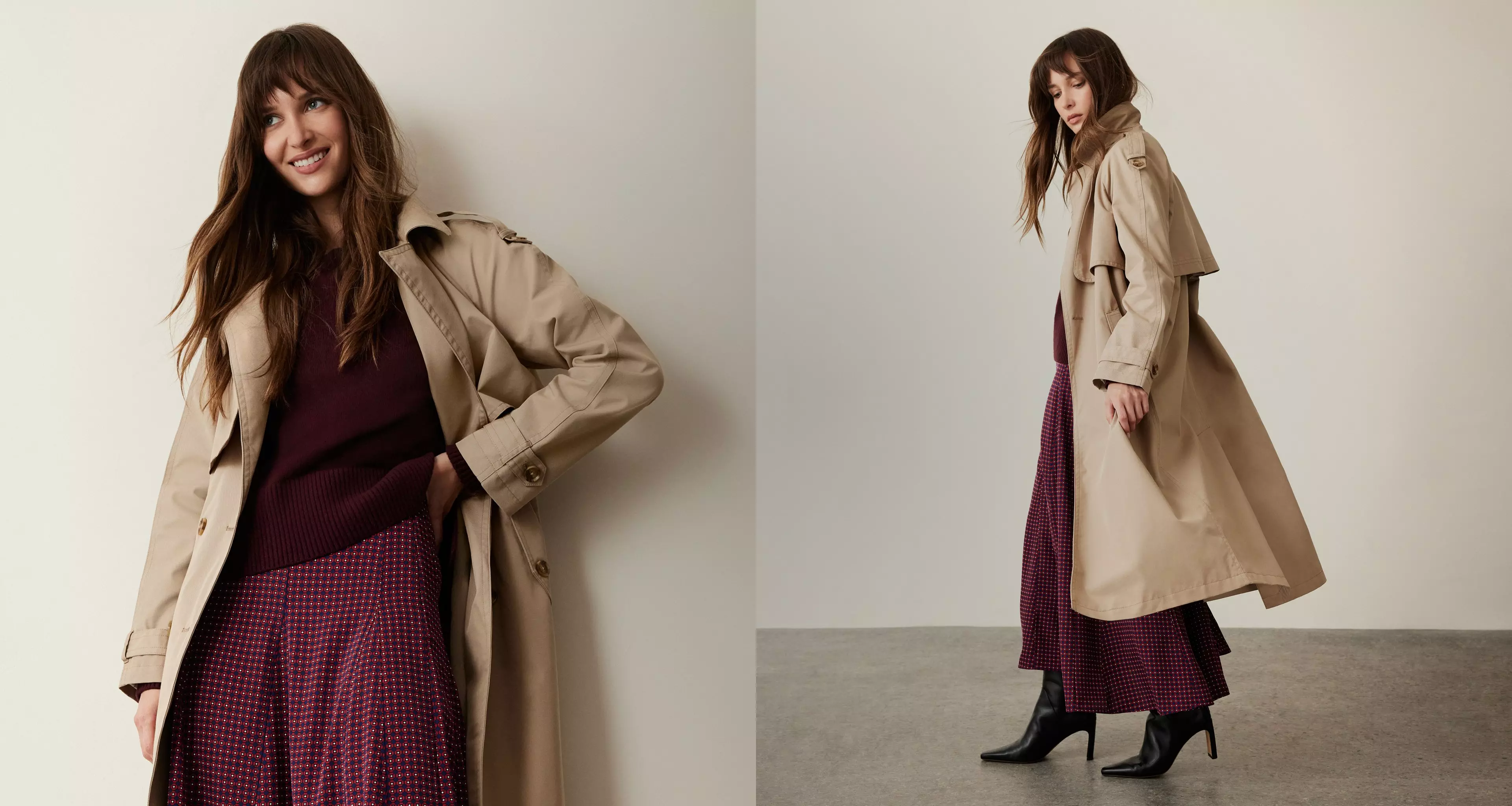 Woman in brown trench coat and maroon dress.