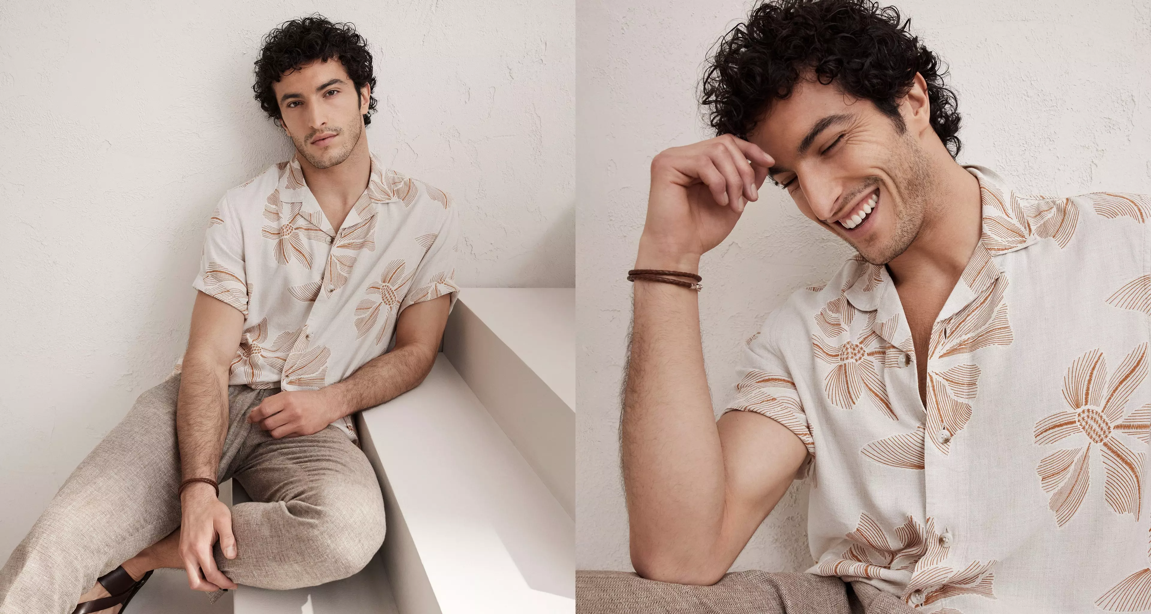 Man in printed shirt and tan pants.