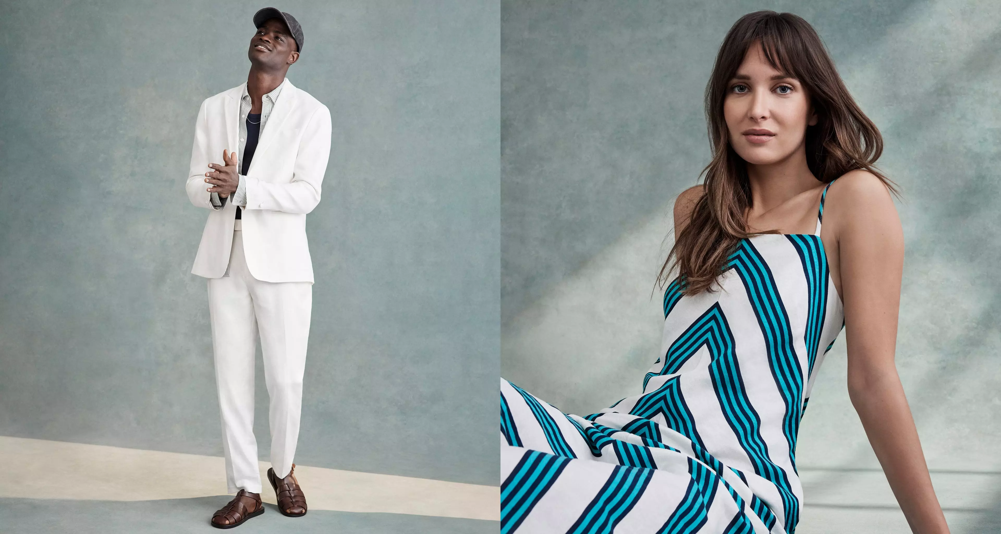 Man in white suit and baseball hat. Woman in teal and white striped dress.