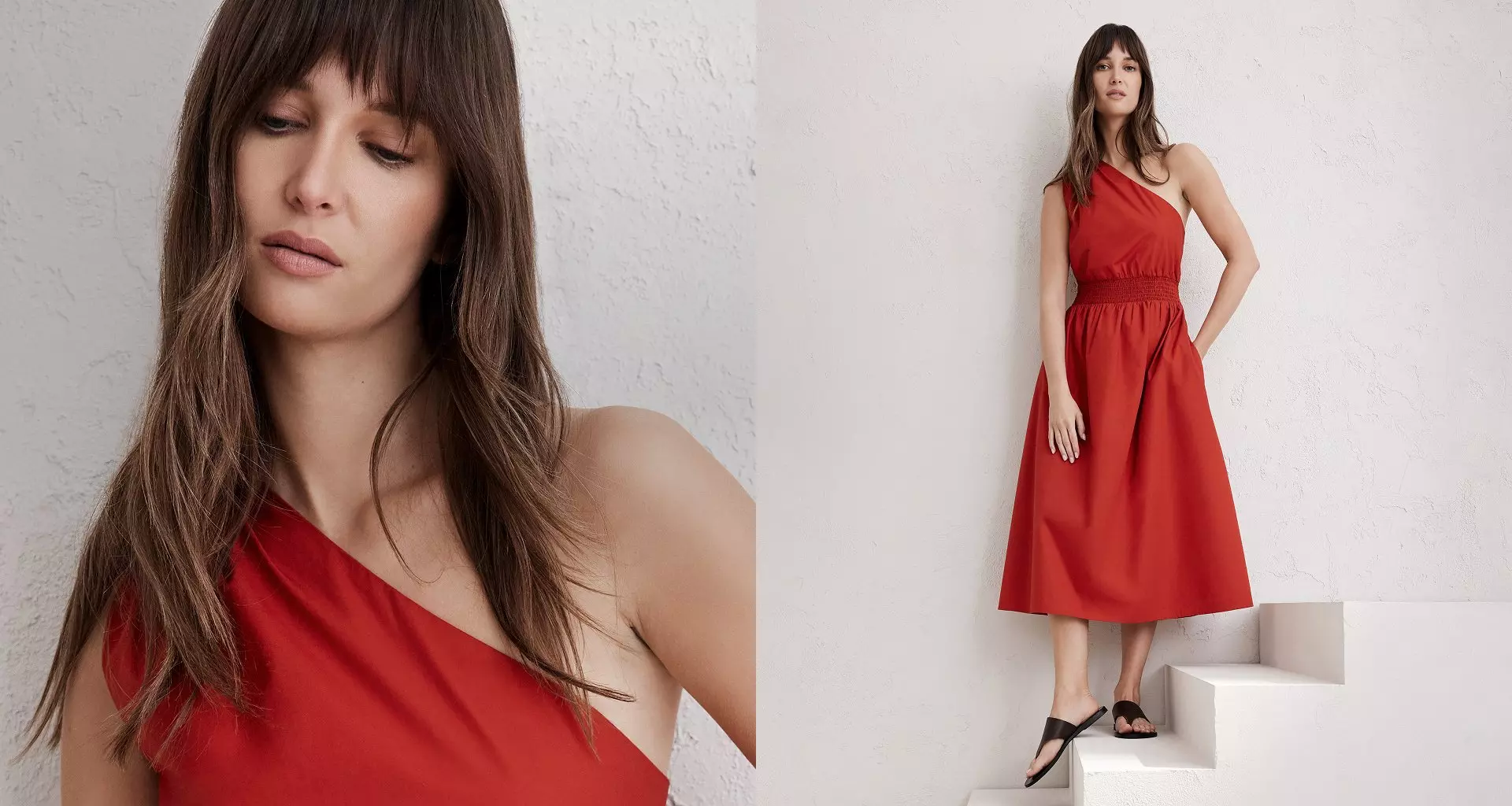 Woman in orange dress and sandals. 