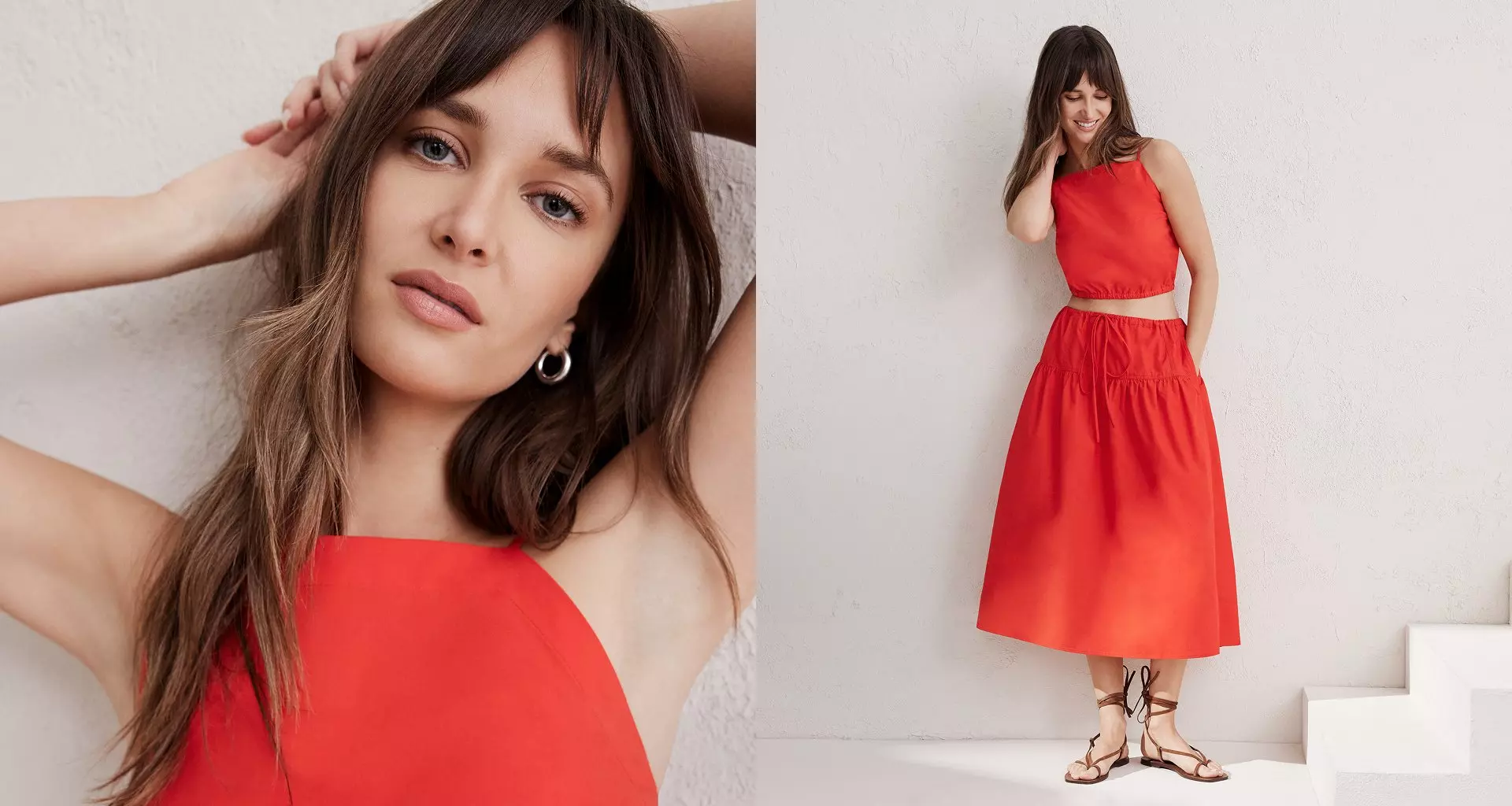Woman in orange dress and sandals. 