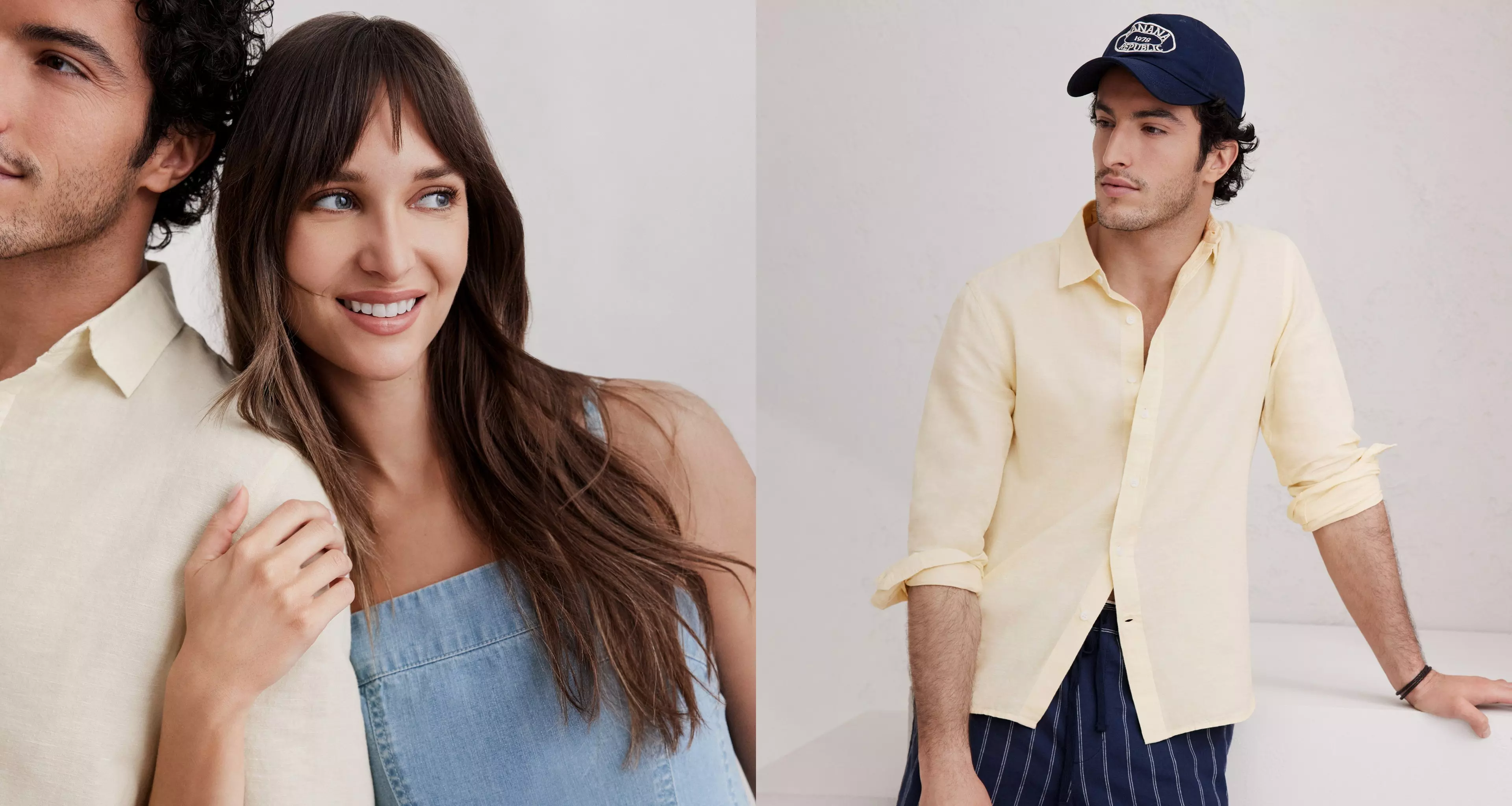 Woman in denim top. Man in yellow shirt with baseball hat. 