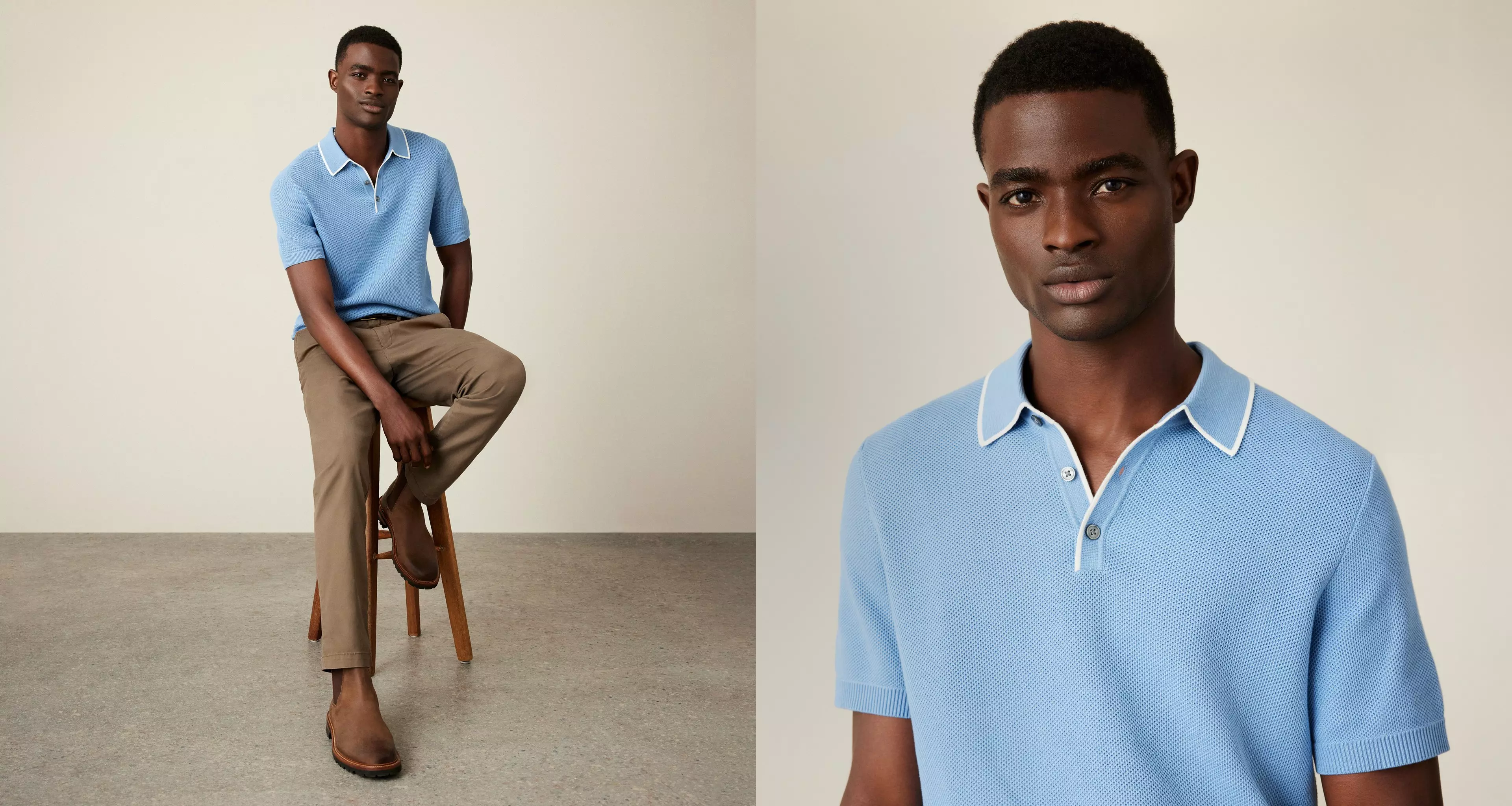 Man in blue polo and pants.