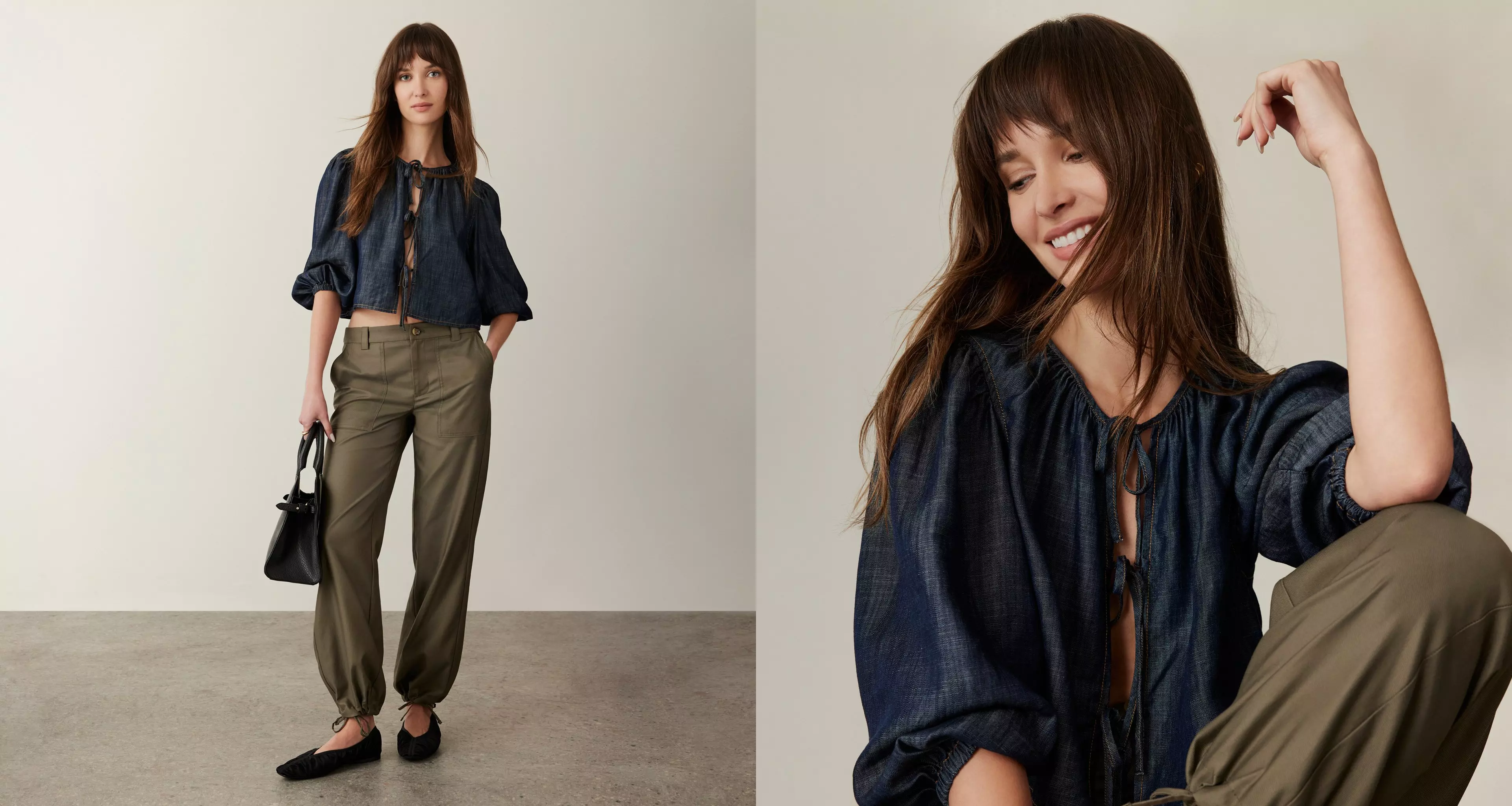 Woman in denim top and green pants.