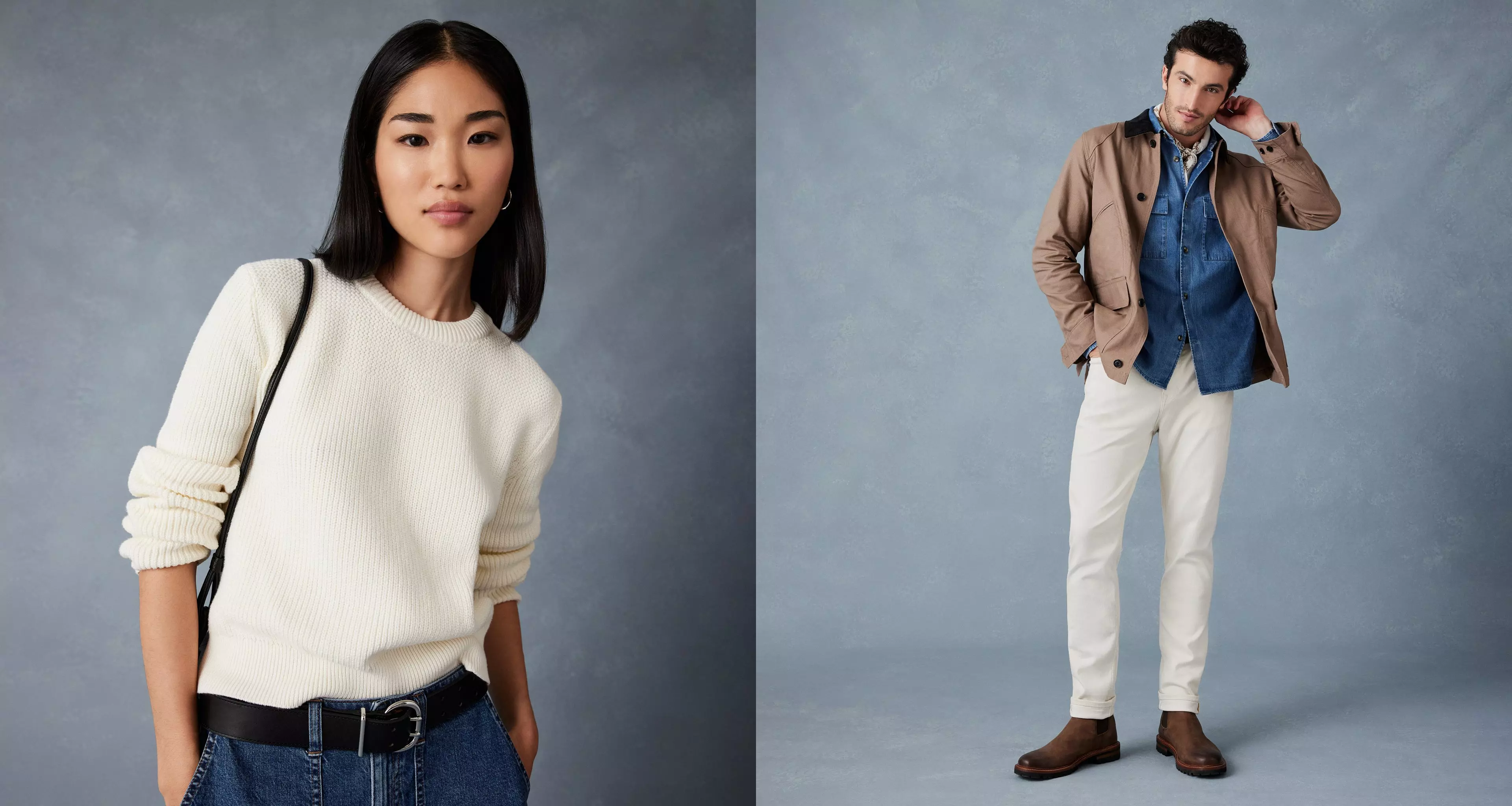 Woman in white sweater. Man in brown jacket, denim shirt, and white pants.