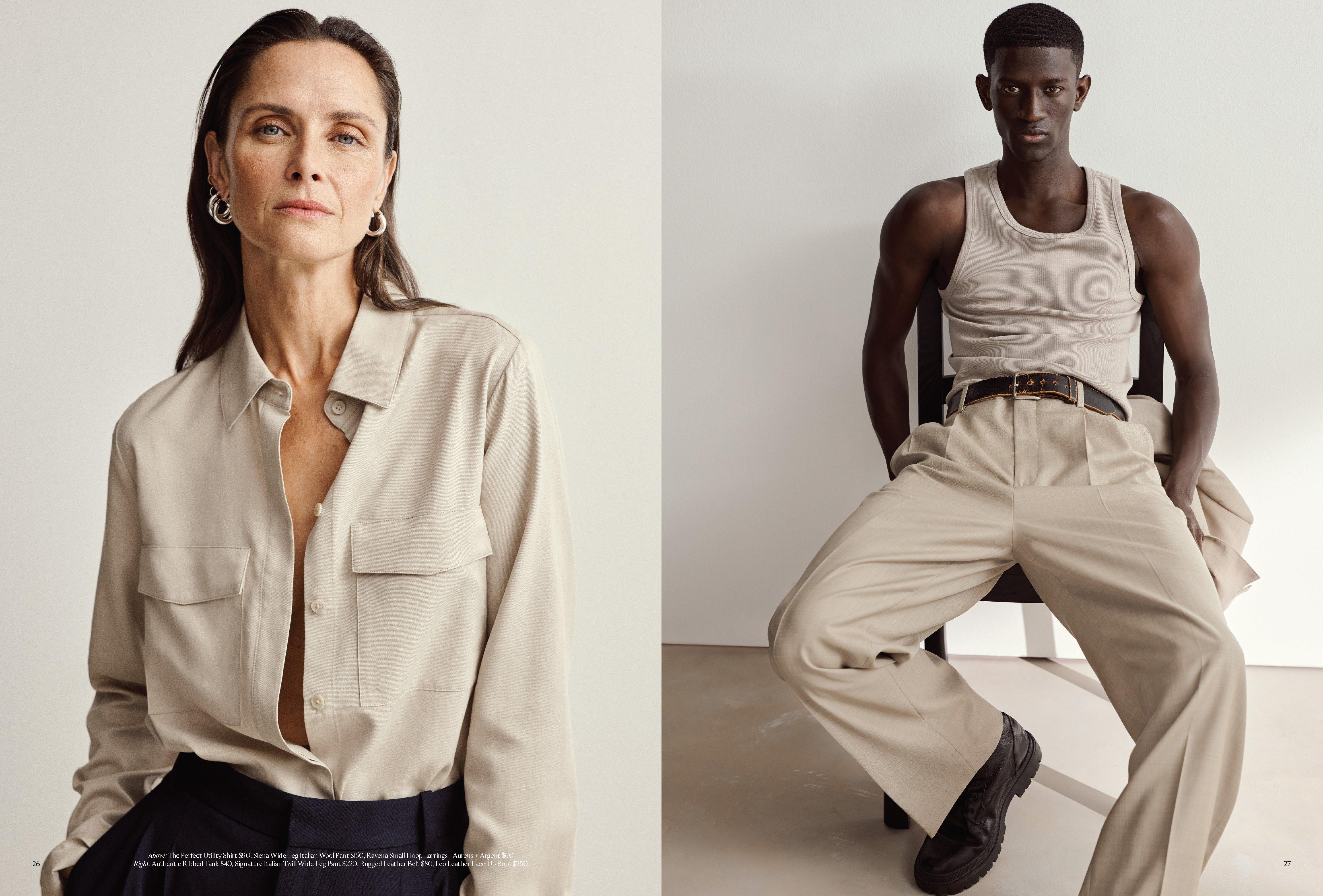 Above: The Perfect Utility Shirt $90, Siena Wide-Leg Italian Wool Pant $150, Ravena Small Hoop Earrings | Aureus + Argent $60  Right: Authentic Ribbed Tank $40, Signature Italian Twill Wide-Leg Pant $220, Rugged Leather Belt $80, Leo Leather Lace-Up Boot $250