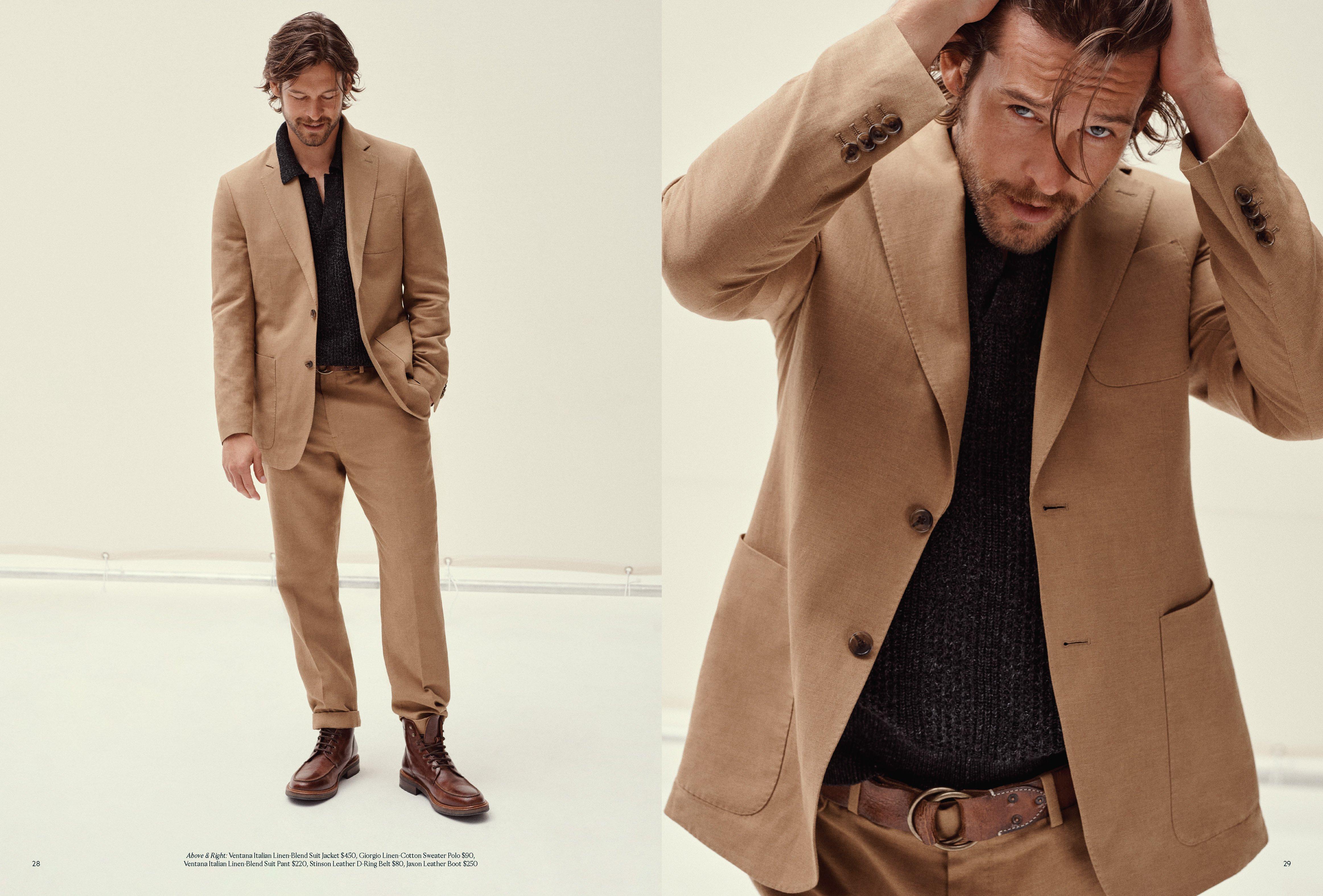 Above: Ventana Italian Linen-Blend Suit Jacket $450, Giorgio Linen-Cotton Sweater Polo $90, Ventana Italian Linen-Blend Suit Pant $220, Stinson Leather D-Ring Belt $80, Jaxon Leather Boot $250