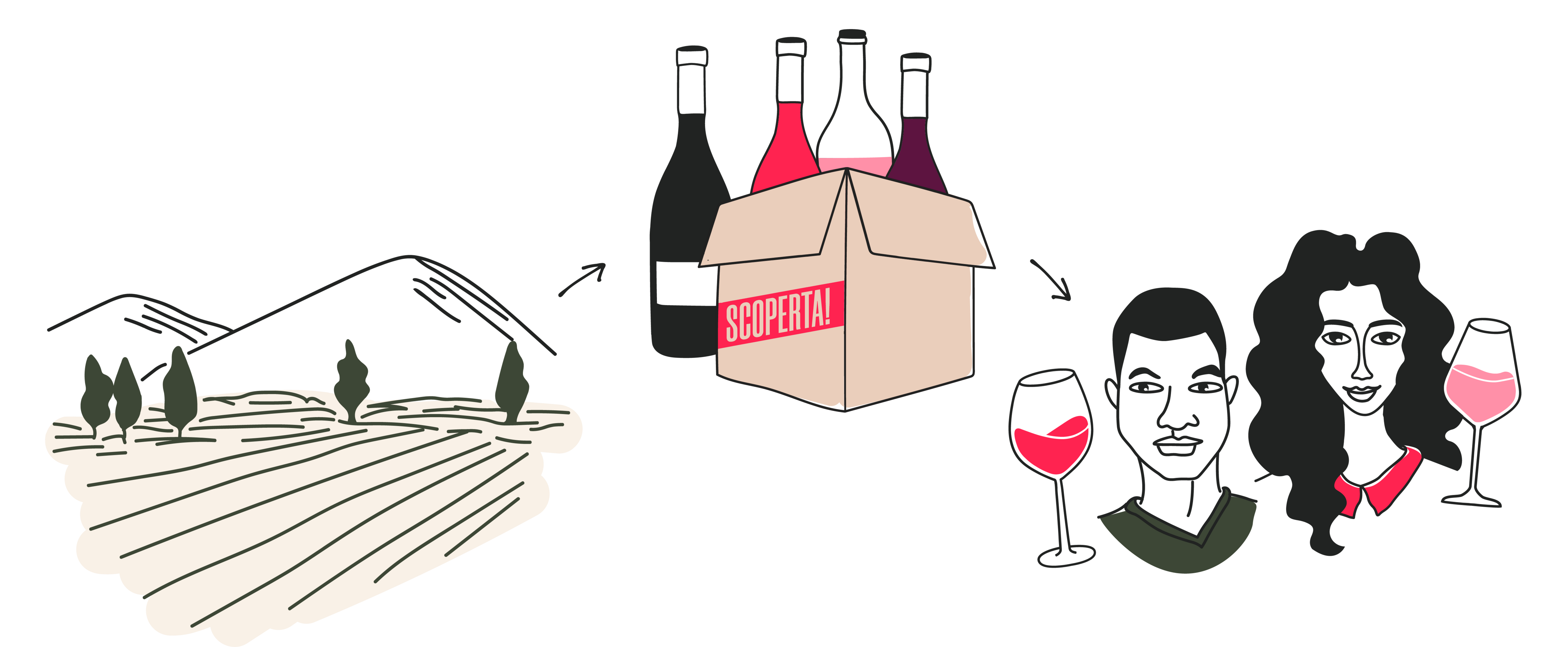 Infographic showing How Scoperta Marketplace Works: Wine is shipped directly to consumers