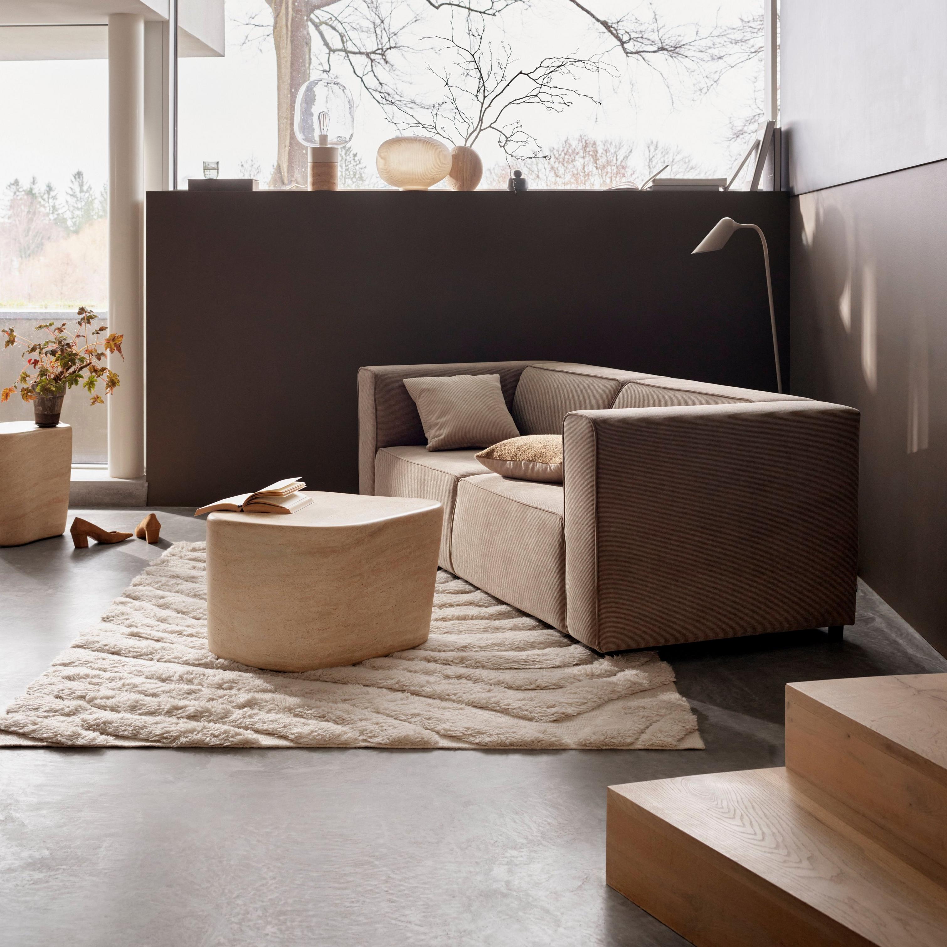 Modern living room with a Carmo sofa, beige rug, and Terracina coffee table. Large windows overlook a tree. Minimalist decor.