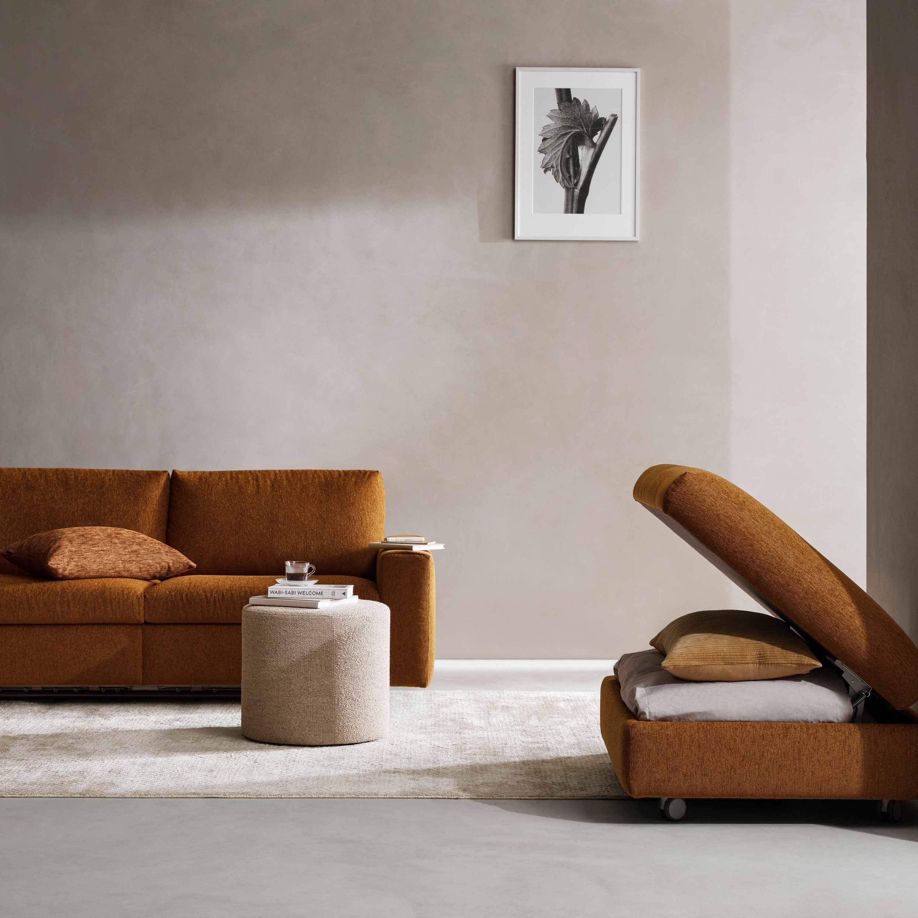 Nowoczesny pokój z sofą Taylor z funkcją spania, podnóżkiem ze schowkiem Taylor i minimalistycznymi dekoracjami.