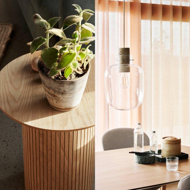 木製テーブルに鉢植えの観葉植物とガラスのペンダントライト。