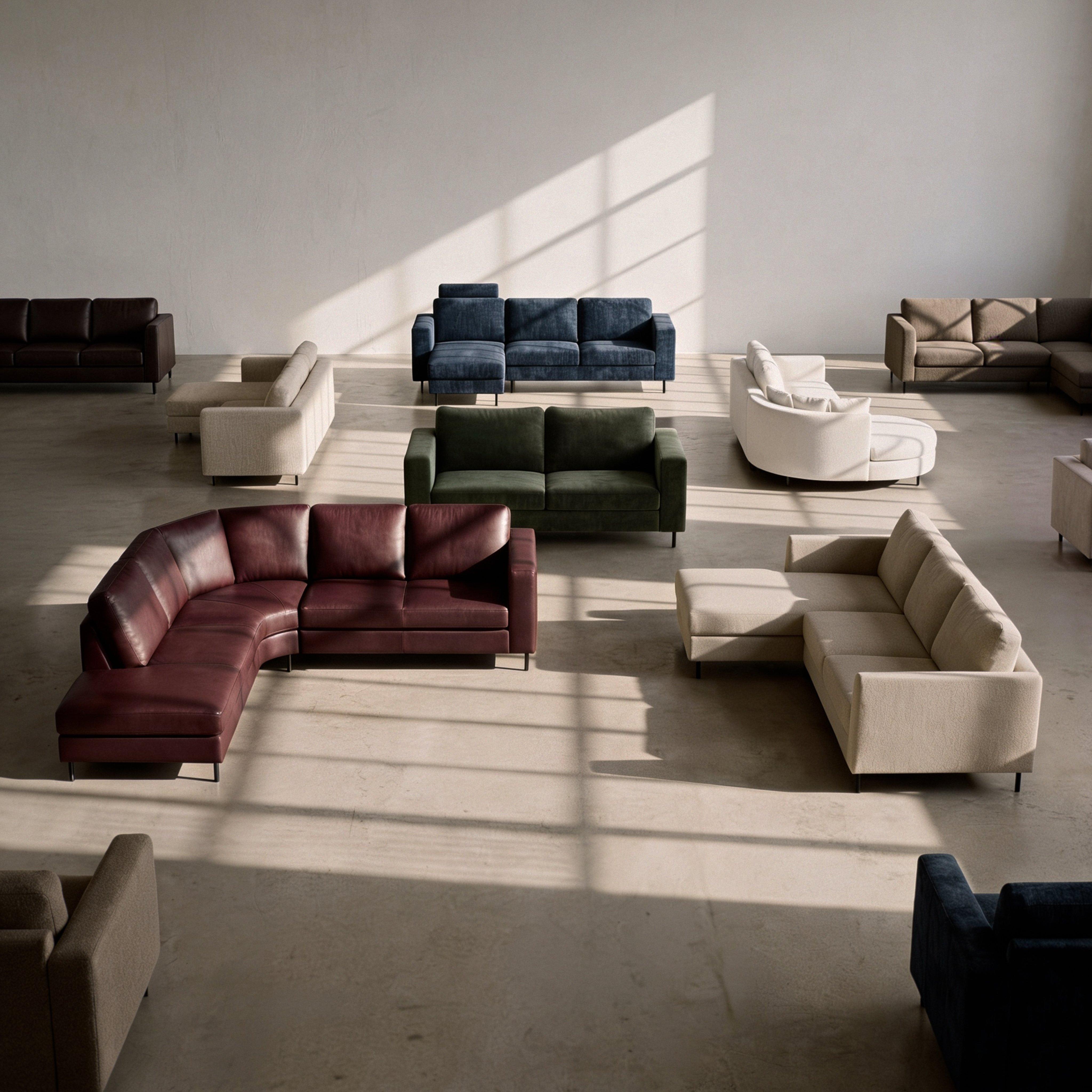 Exposición de sofás modulares en varios colores en un showroom.