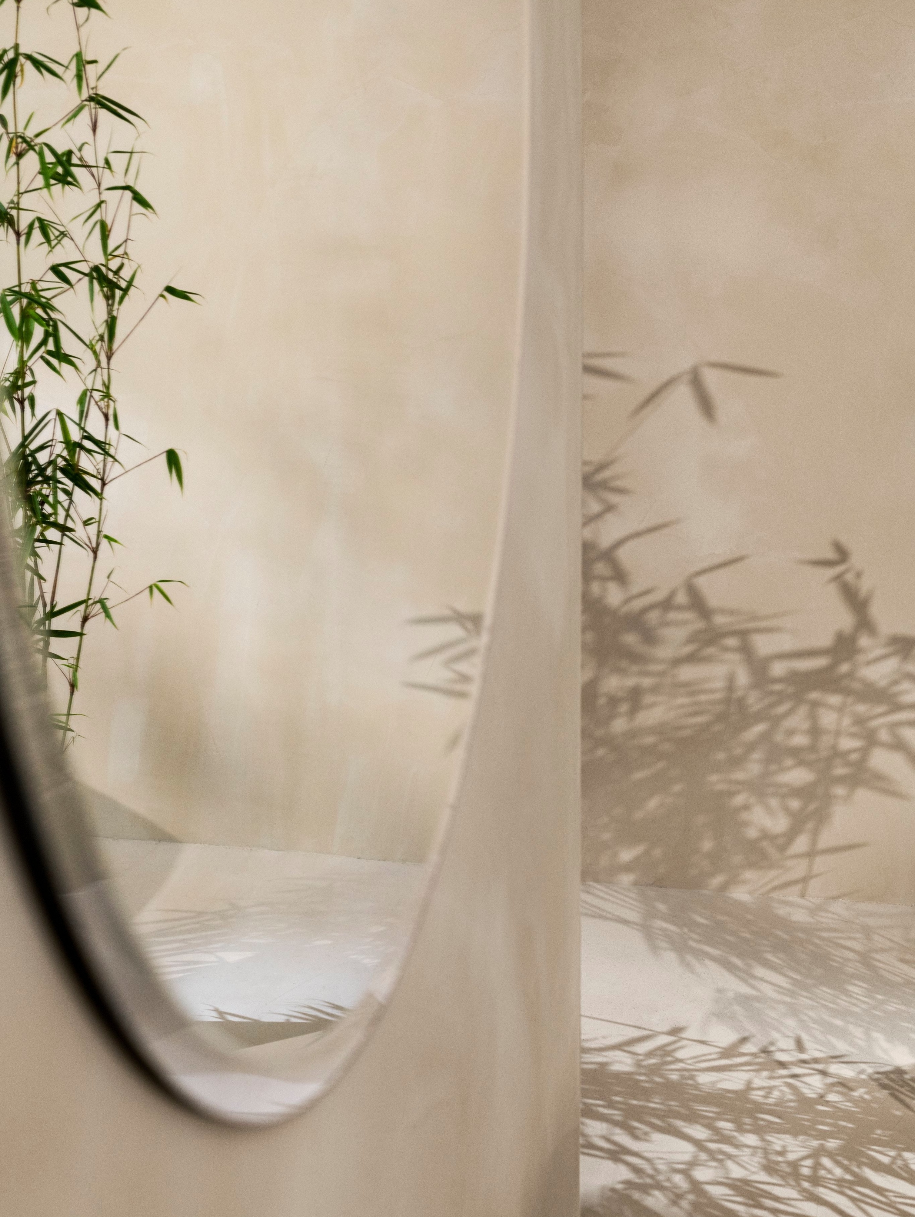 Okrągłe lustro Tone wiszące na ścianie z odbijającą się rośliną.