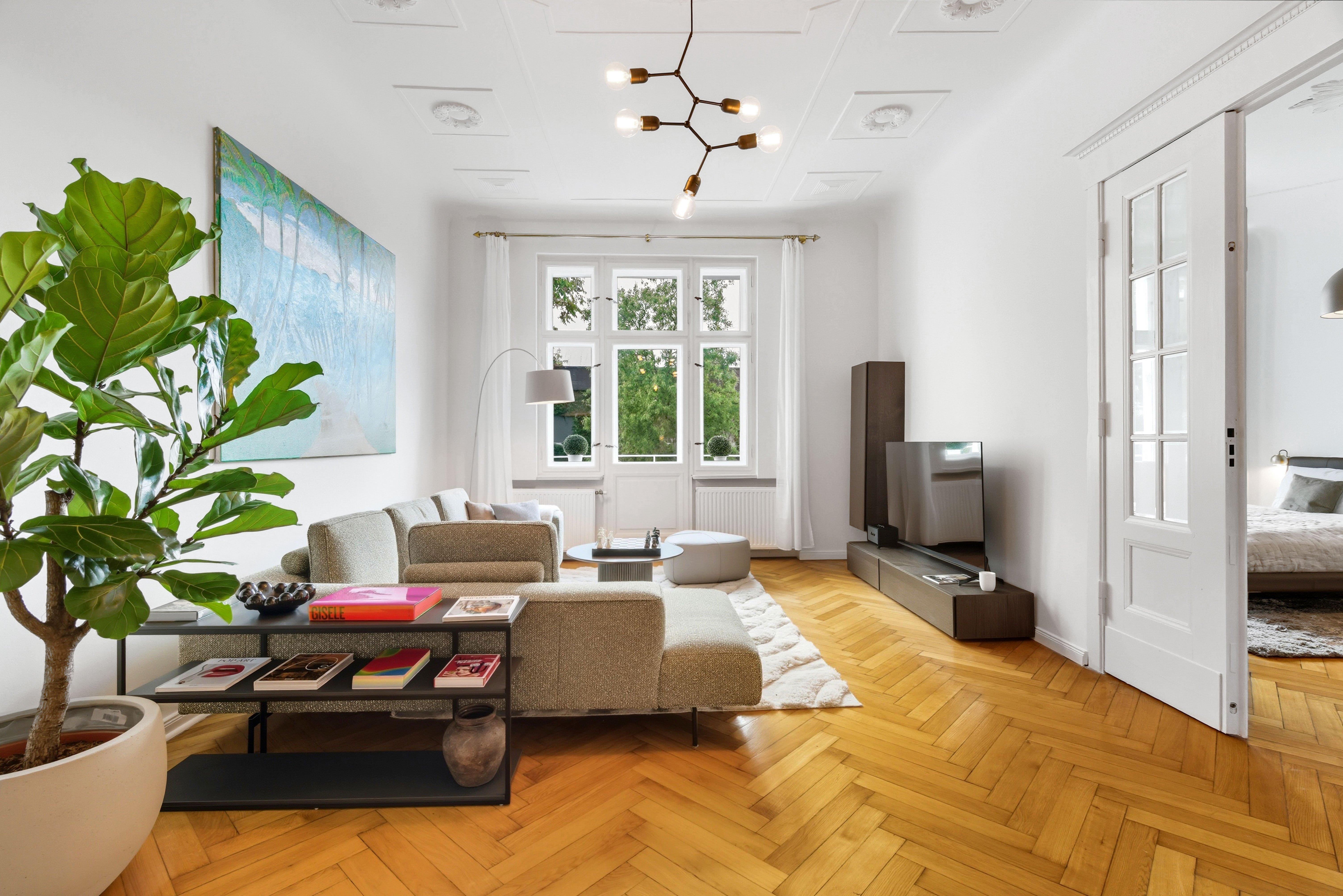 Salon moderne avec canapé, télé, plante en pot et tableau. Fenêtre donnant sur verdure.