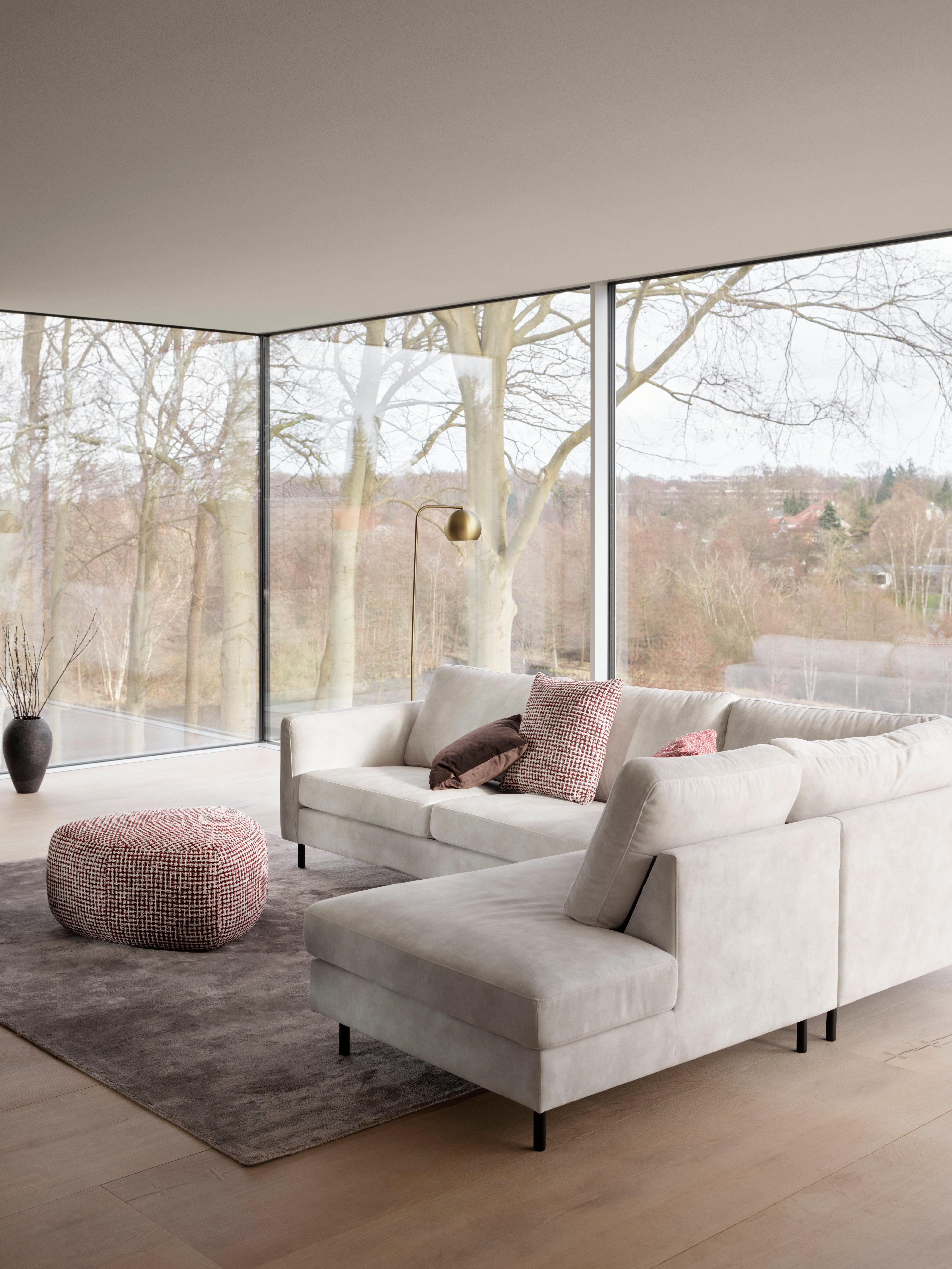 Modern living room with a dark blue sofa, gray and blue cushions, a gray rug, and large windows offering a view of trees and a river.