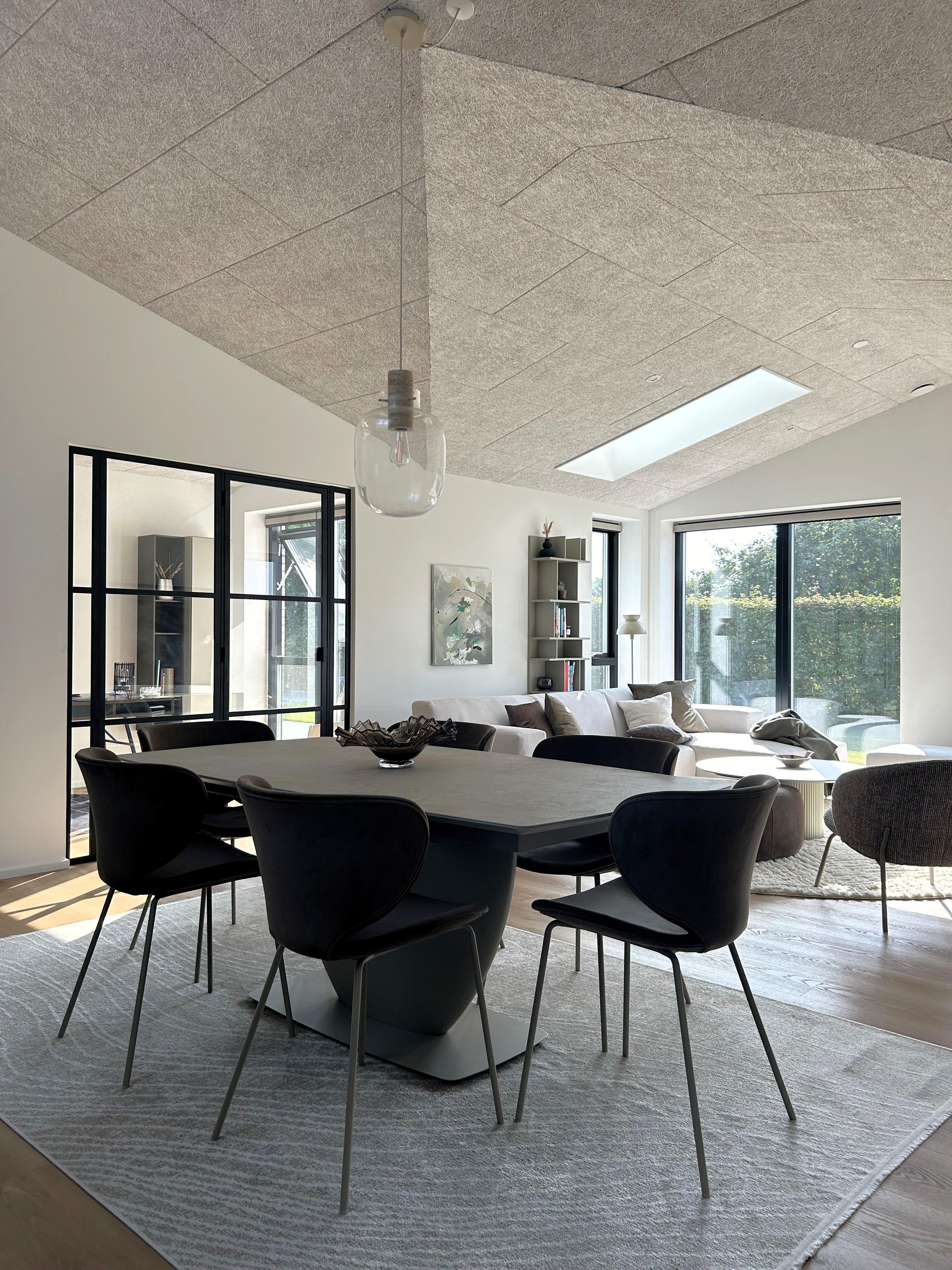 Contemporary open-plan space with sloped ceiling, skylights, dark dining set, and wall-mounted shelving beside large glass doors.