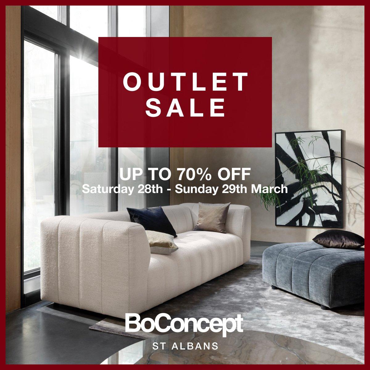 BoConcept living room set with text “OUTLET SALE” and “UP TO 70% OFF”.