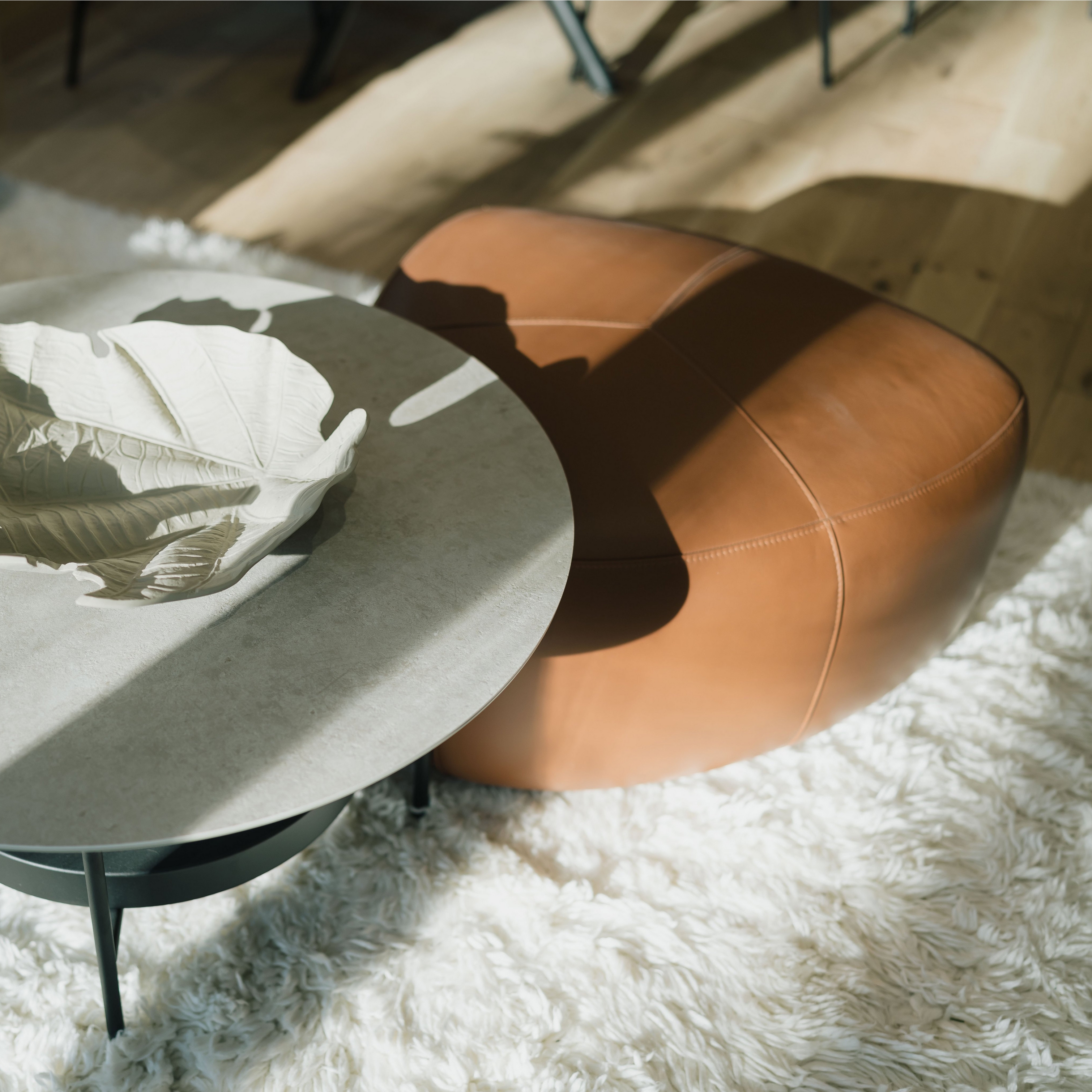 Round table with decorative leaf, tan ottoman, on a white fluffy rug in sunlight.