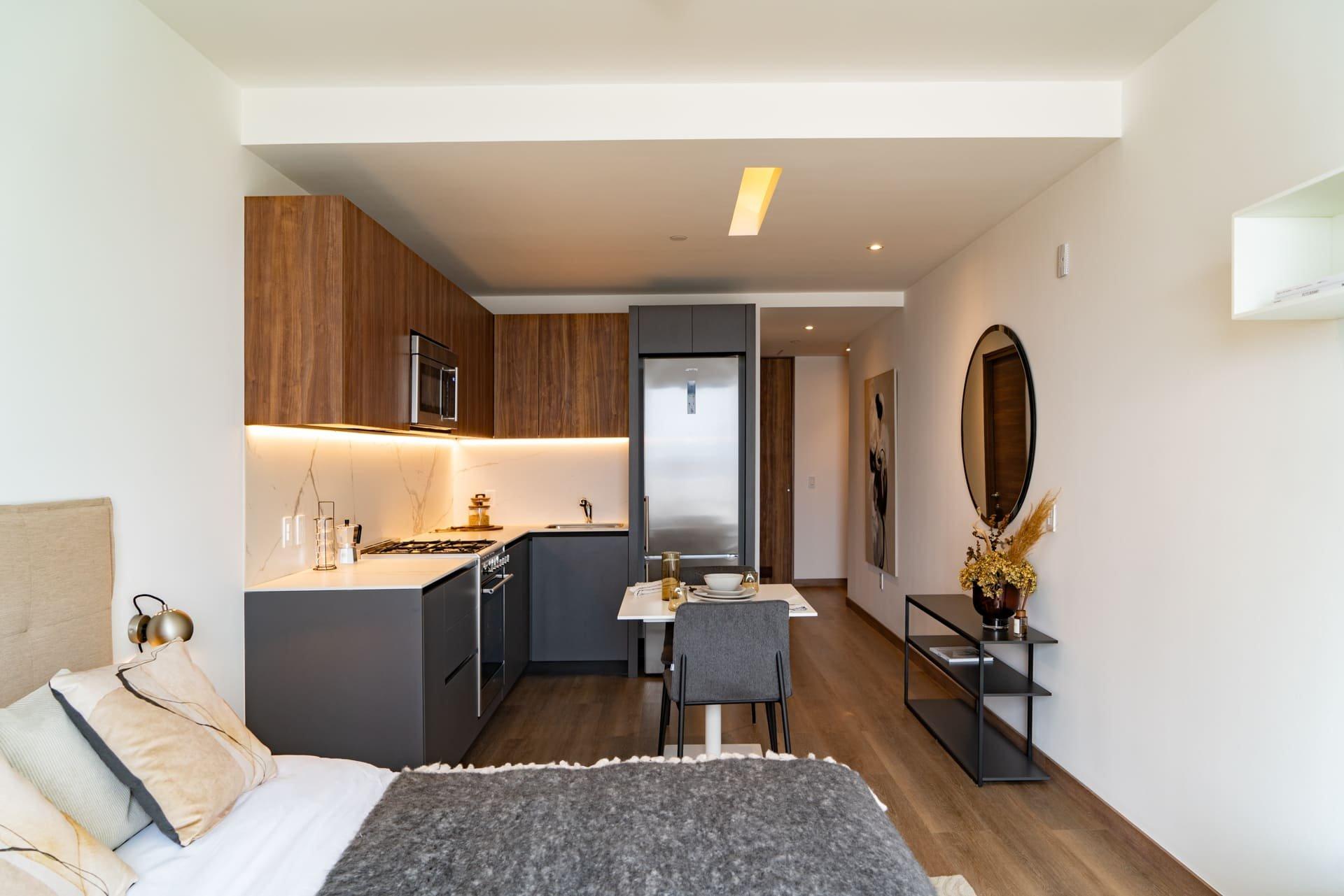 Sleek studio layout with combined sleeping, dining, kitchen areas, and modern furnishings.