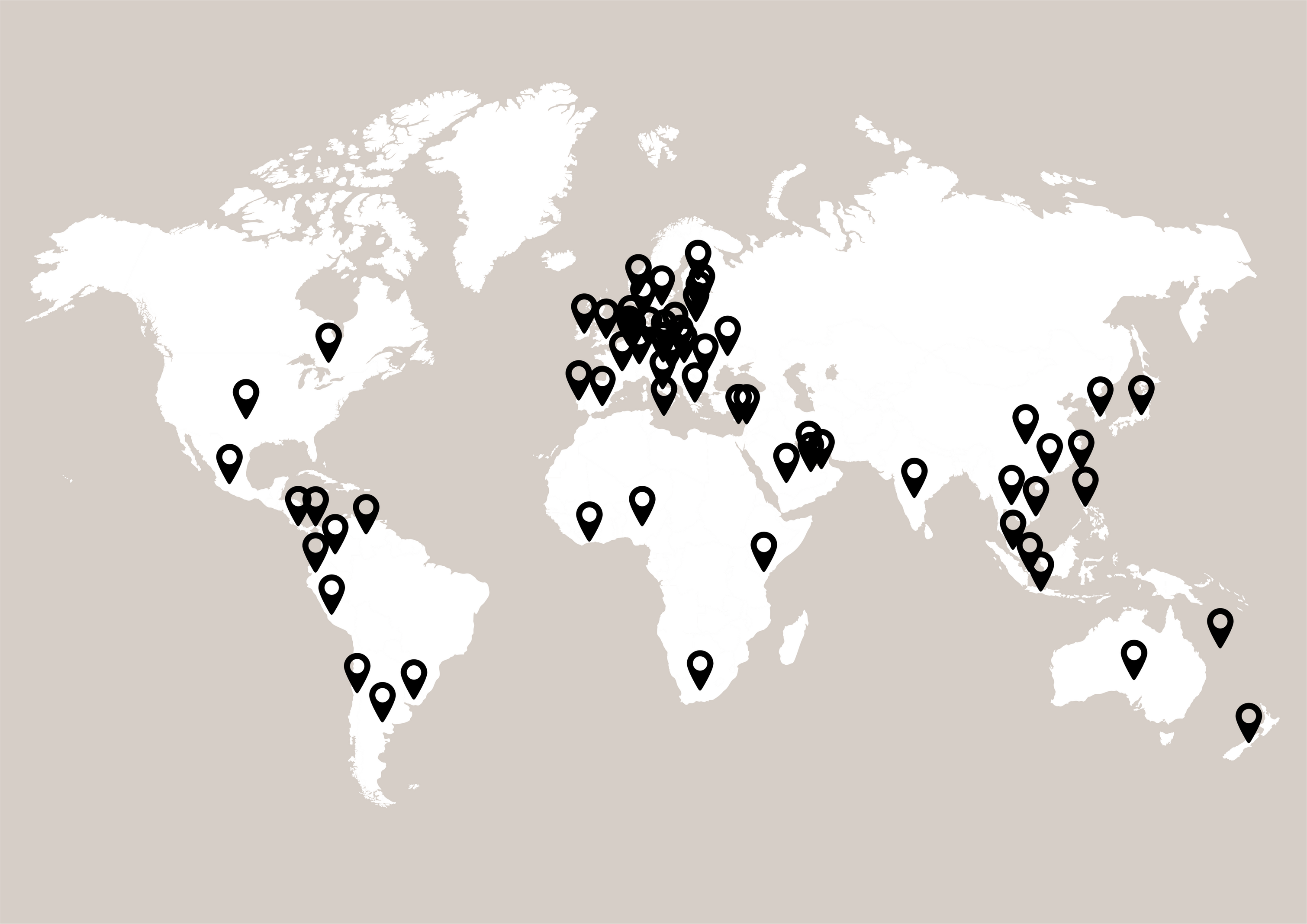 Worldmap containing location markers for BoConcept stores around the world.