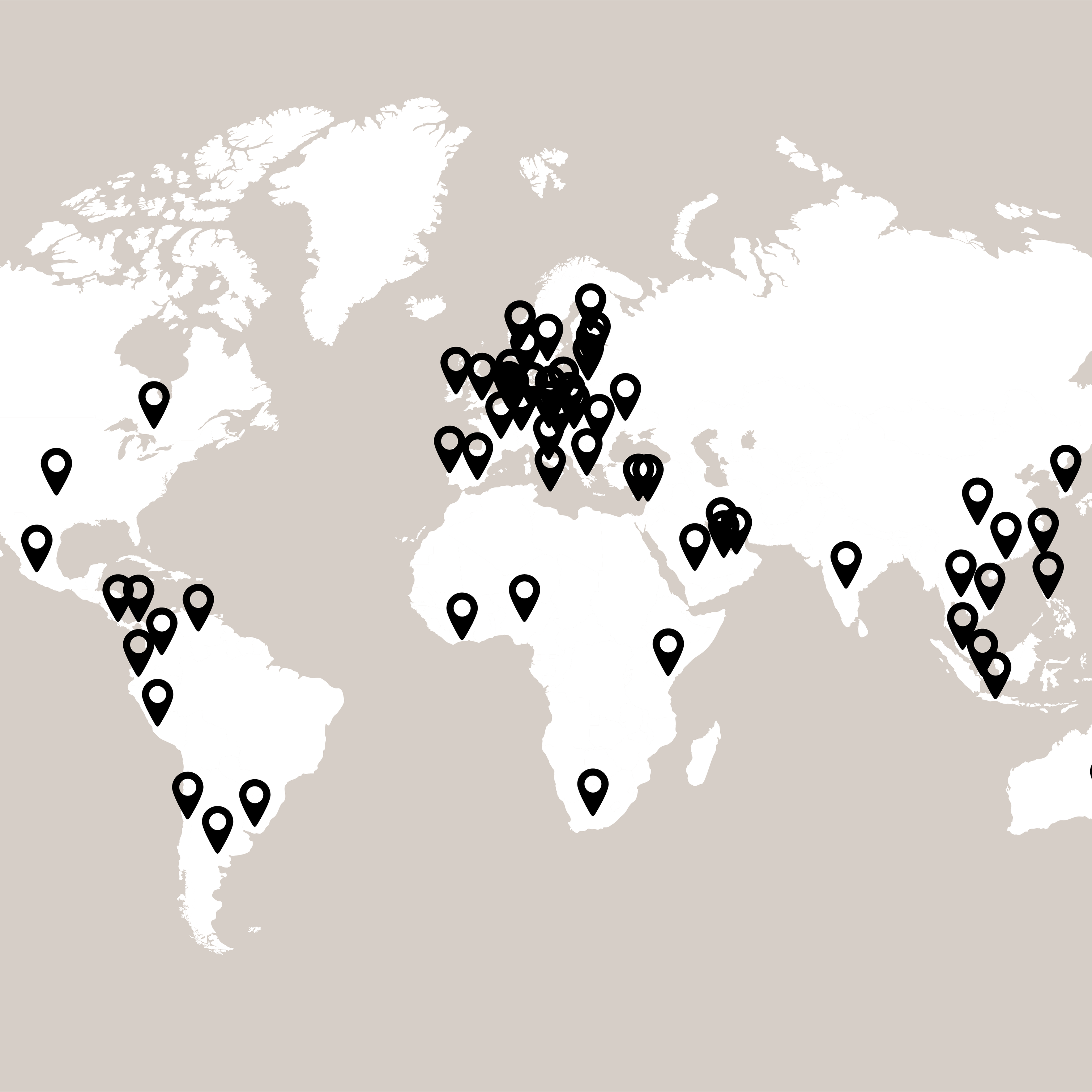 Mapa świata zawierająca znaczniki lokalizacji salonów BoConcept na całym świecie.